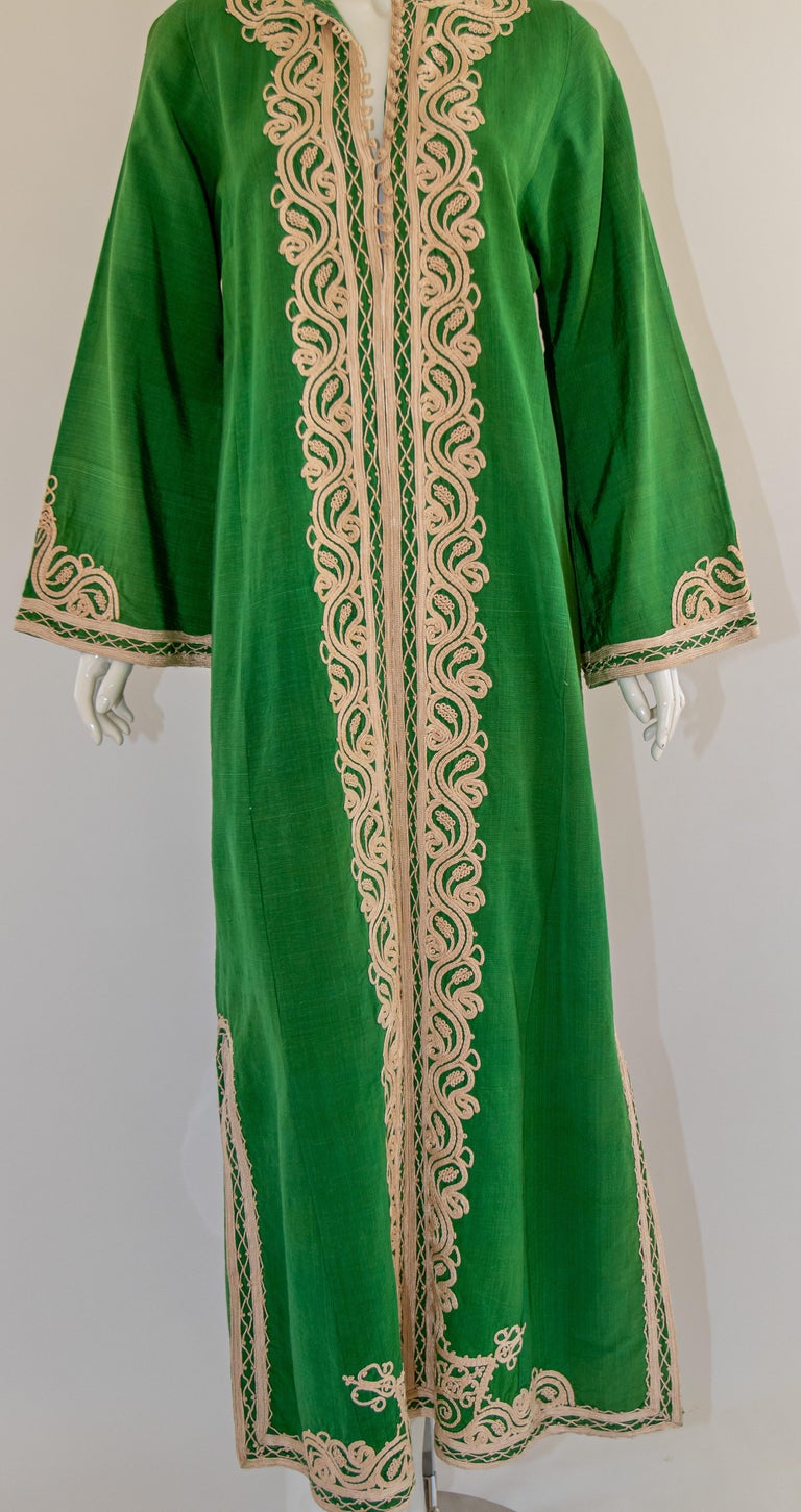 Vintage Moroccan Caftan Emerald Green Maxi Dress, Circa 1970 Size M