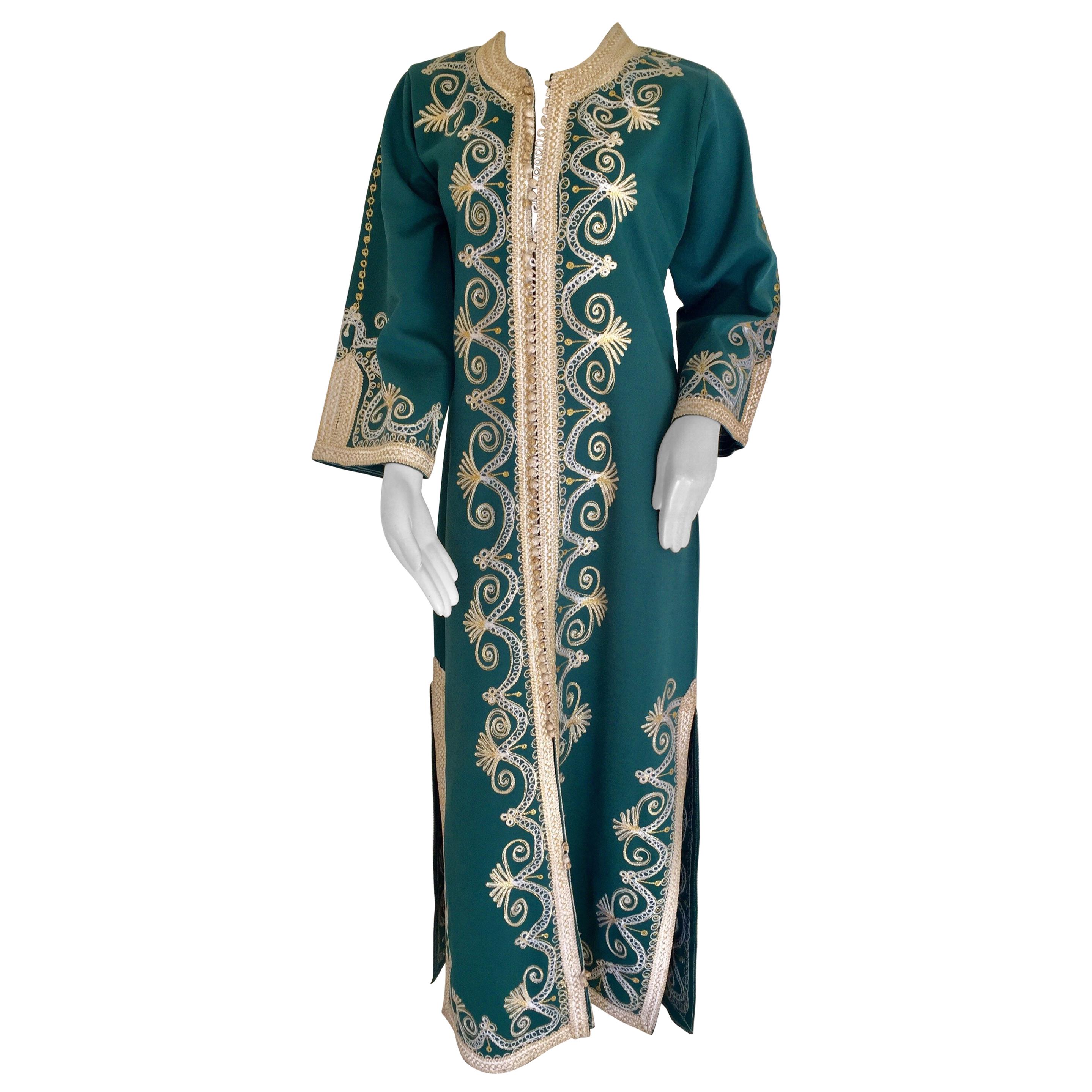 Vintage Moroccan Caftan Emerald Green Maxi Dress, circa 1970 Size M For Sale