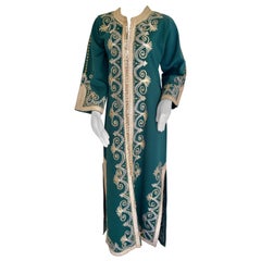 Robe Maxi Caftan Marocain Vert Emeraude, circa 1970 Taille M