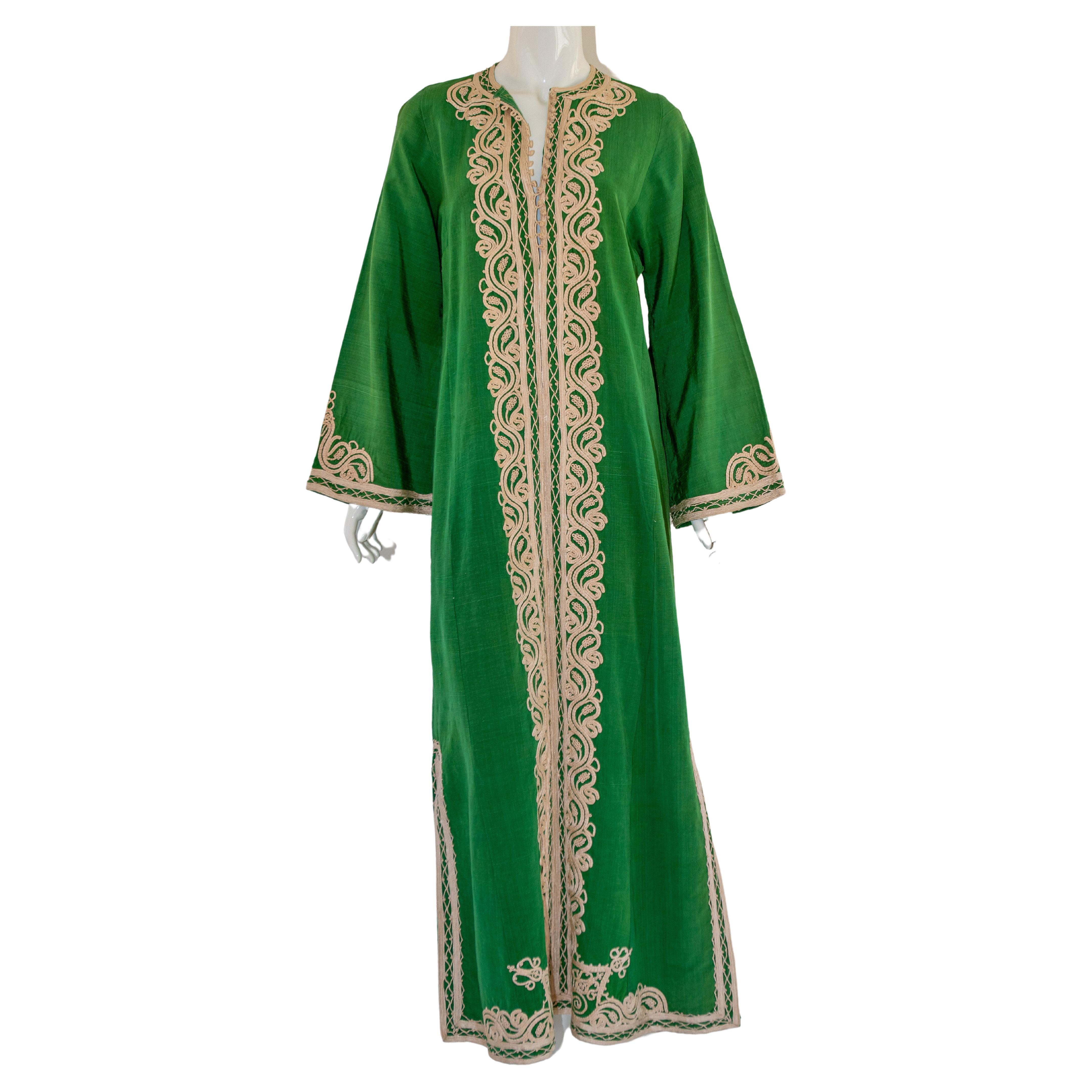 Robe longue vintage marocaine caftan vert émeraude, taille M