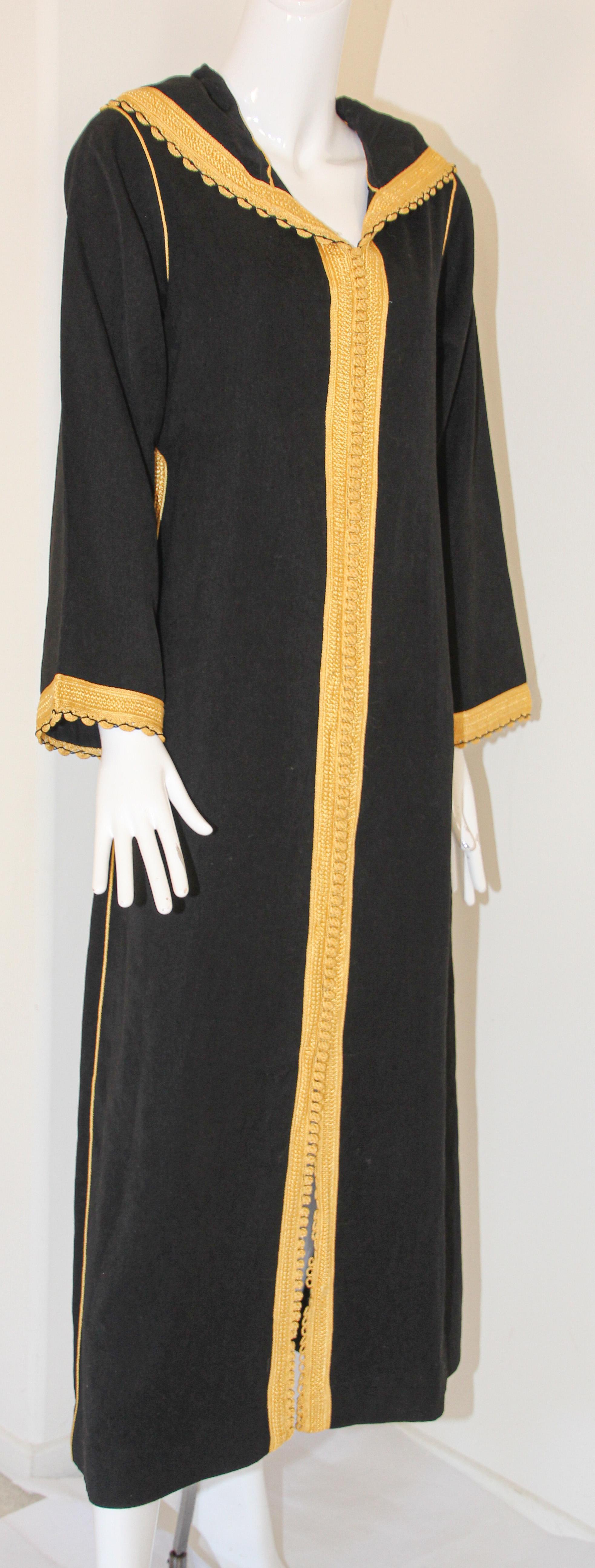 Women's or Men's Vintage Moroccan Caftan, Hooded Black and Gold Trim Kaftan Circa 1970's For Sale