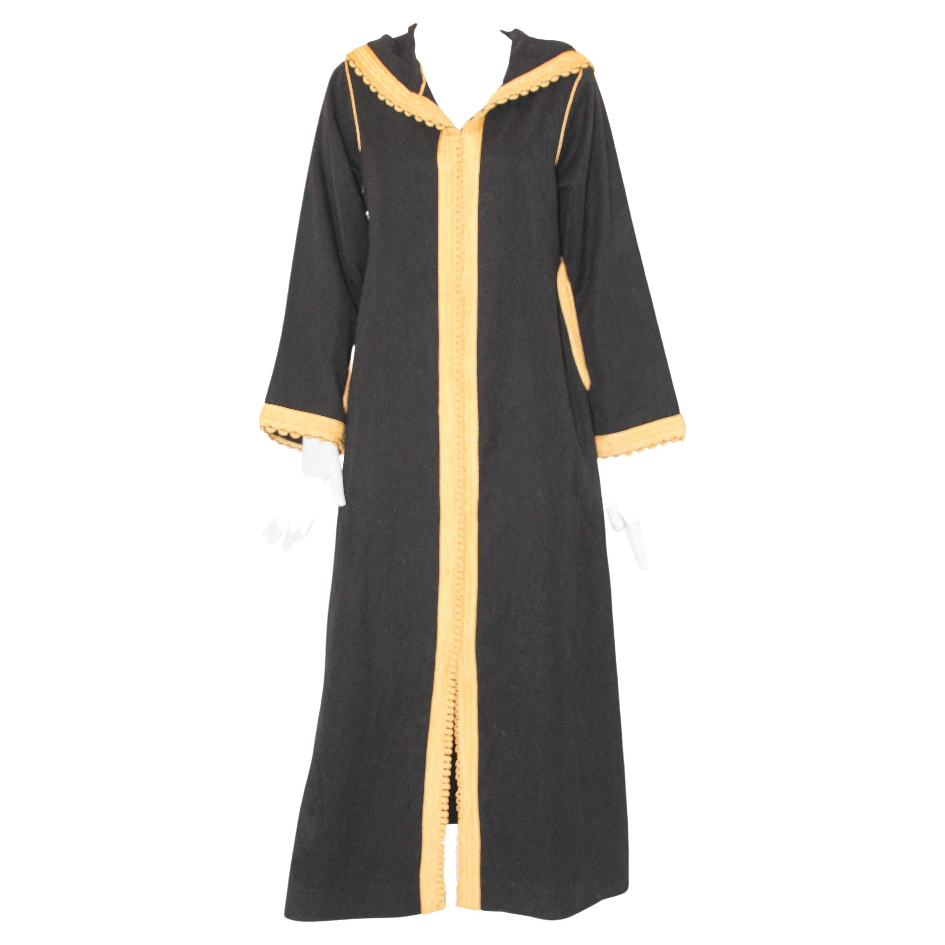 Vintage Moroccan Caftan, Hooded Black and Gold Trim Kaftan Circa 1970's For Sale