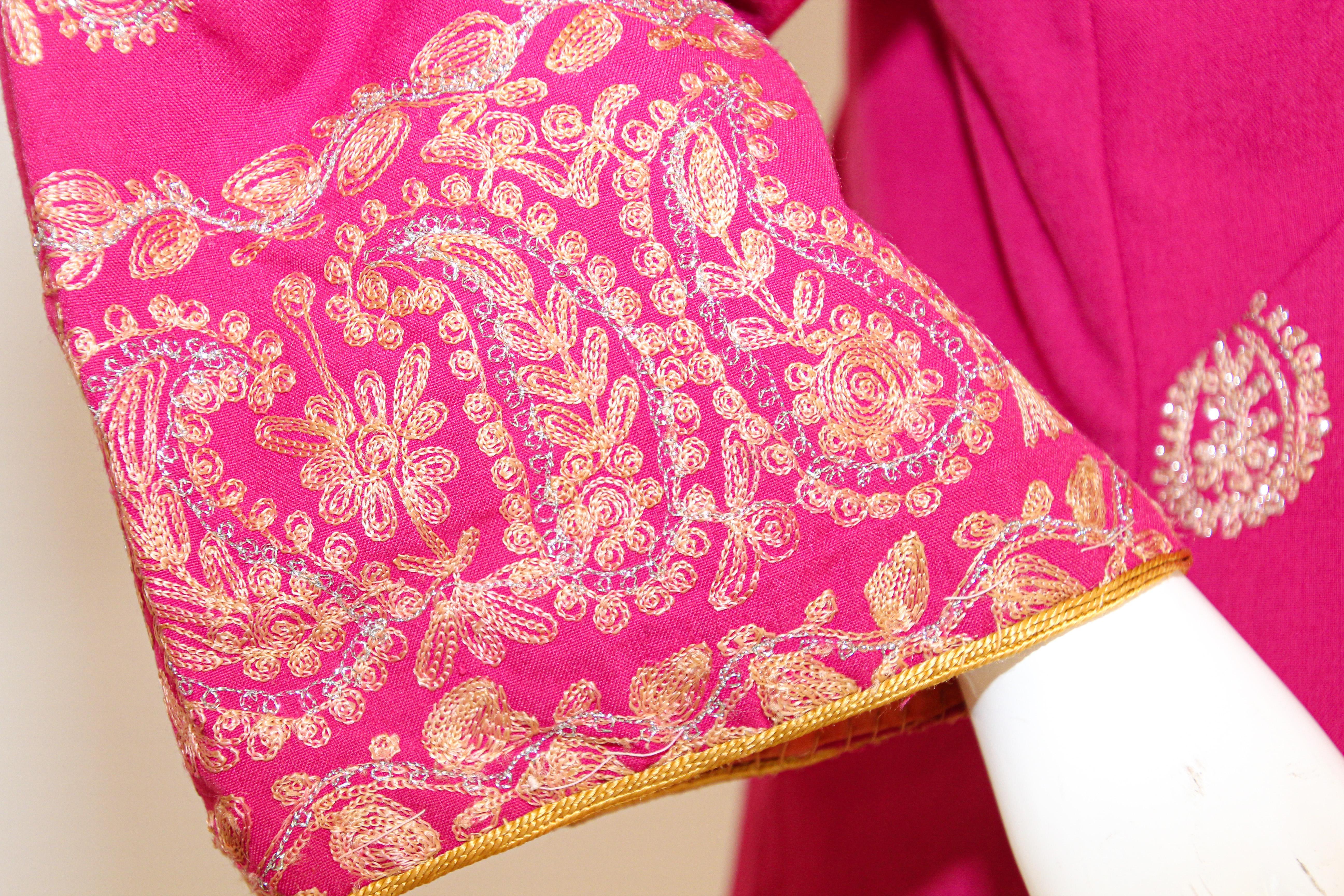 Women's Vintage Moroccan Caftan Hot Pink with Gold, 1970's For Sale