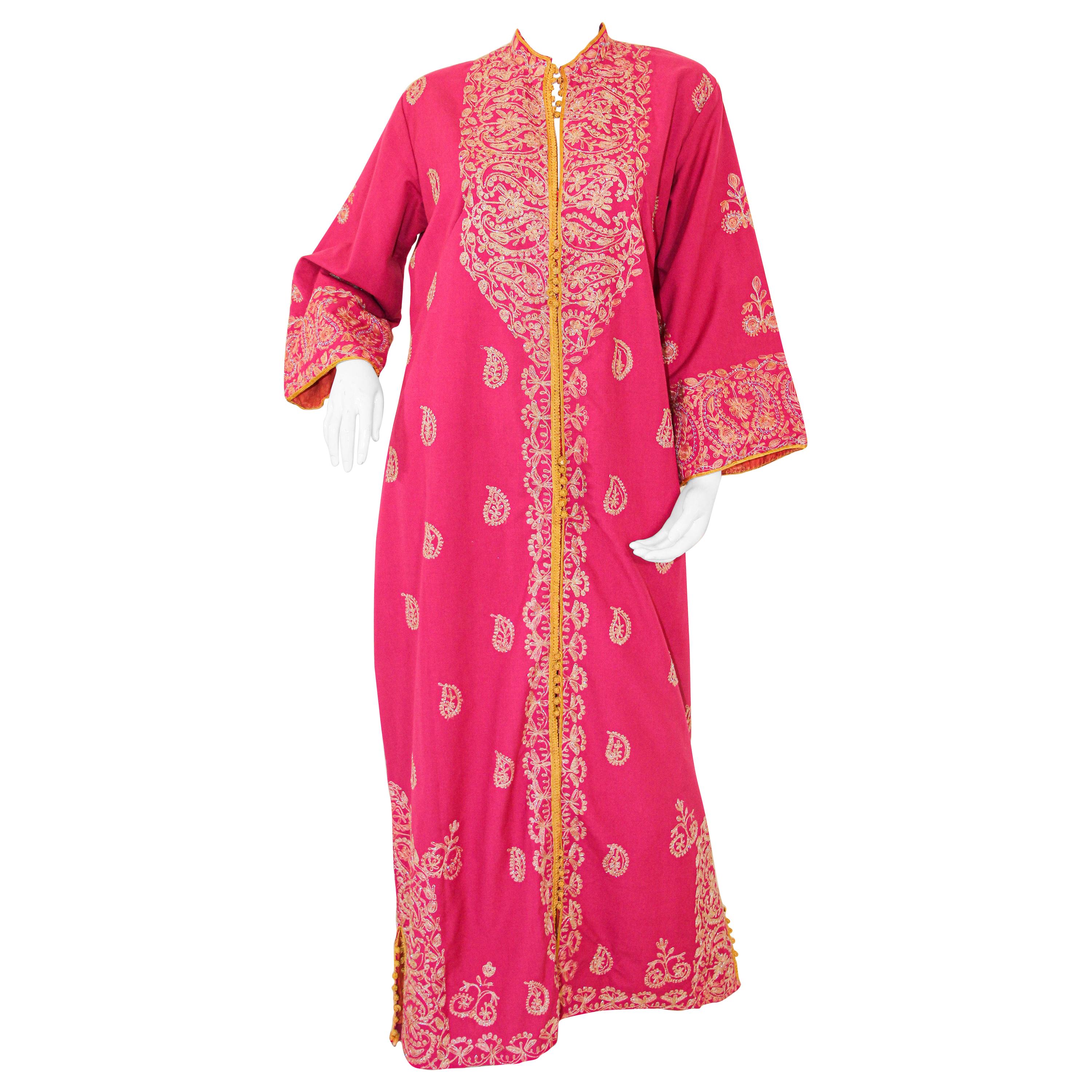 Vintage Moroccan Caftan Hot Pink with Gold, 1970's For Sale
