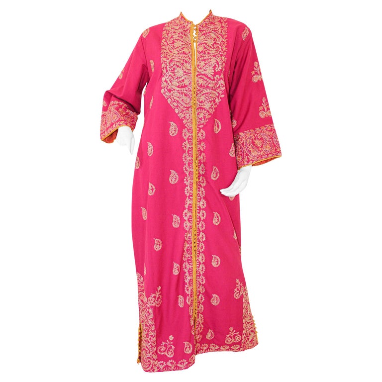 Vintage Moroccan Caftan Hot Pink with Gold, 1970's For Sale