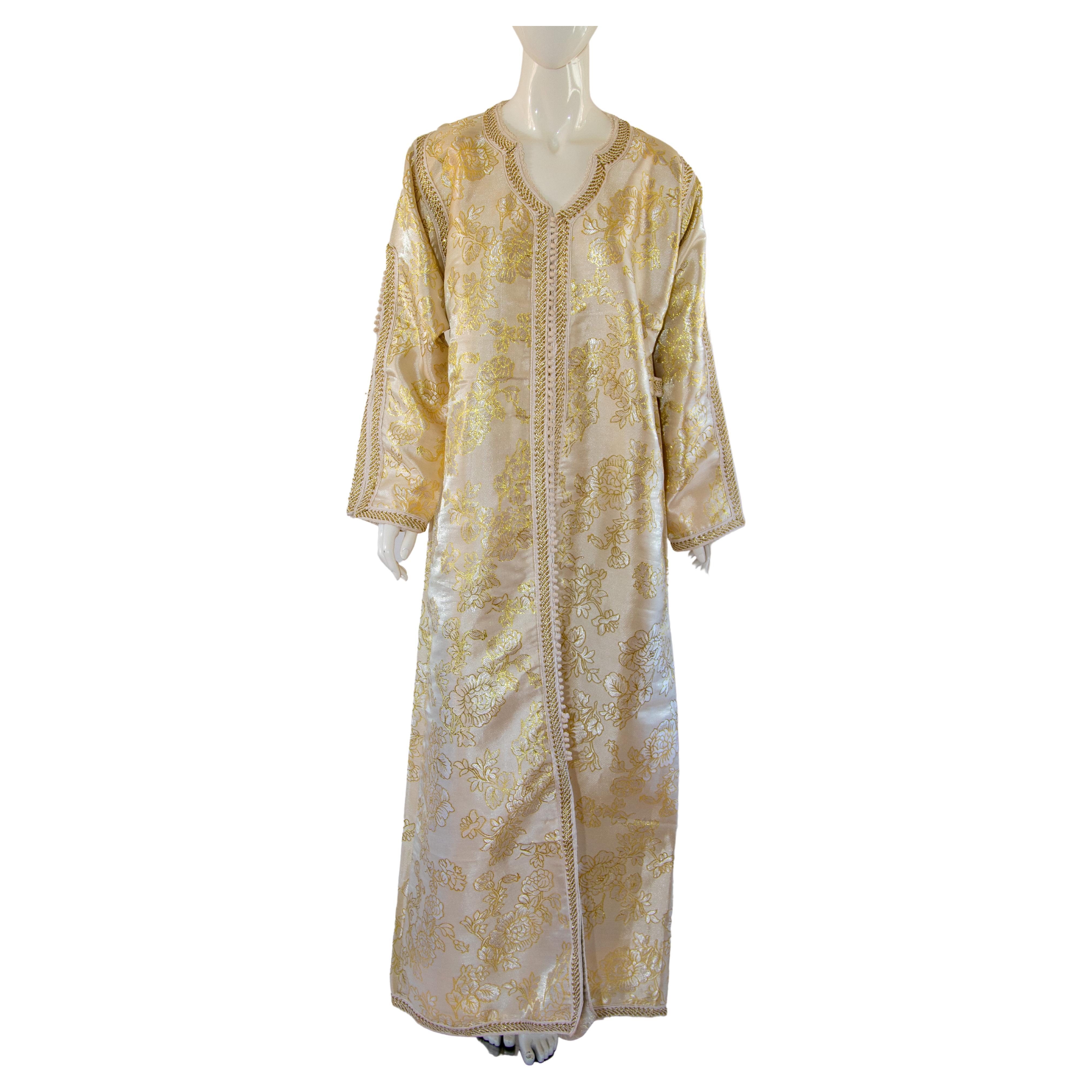 Vintage Moroccan Caftan in Gold Brocade Maxi Dress Kaftan Size L to XL For Sale