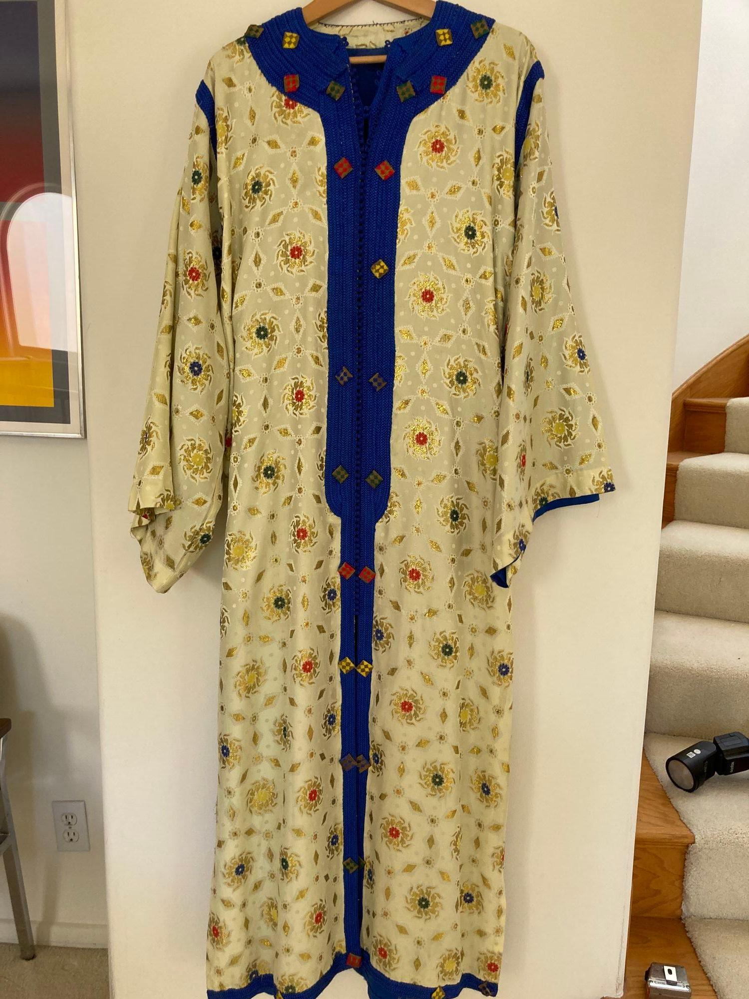 Fabric Vintage Moroccan Caftan in Royal Blue And Gold For Sale
