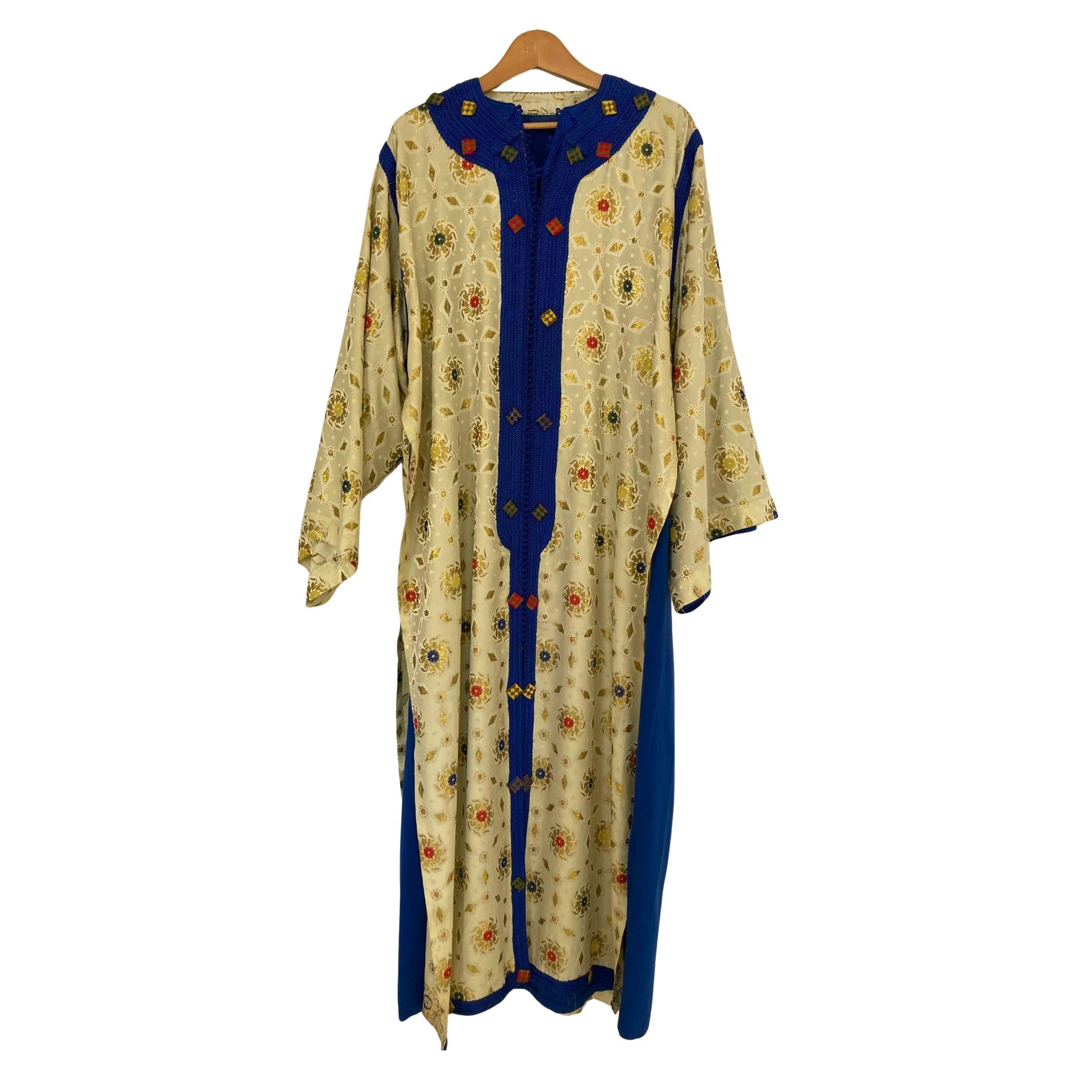 Vintage Moroccan Caftan in Royal Blue And Gold For Sale