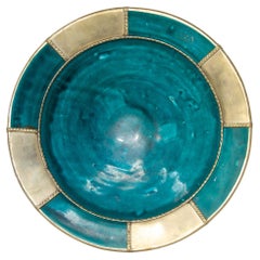 Vintage Moroccan Ceramic Bowl in Blue Glaze and Pewter