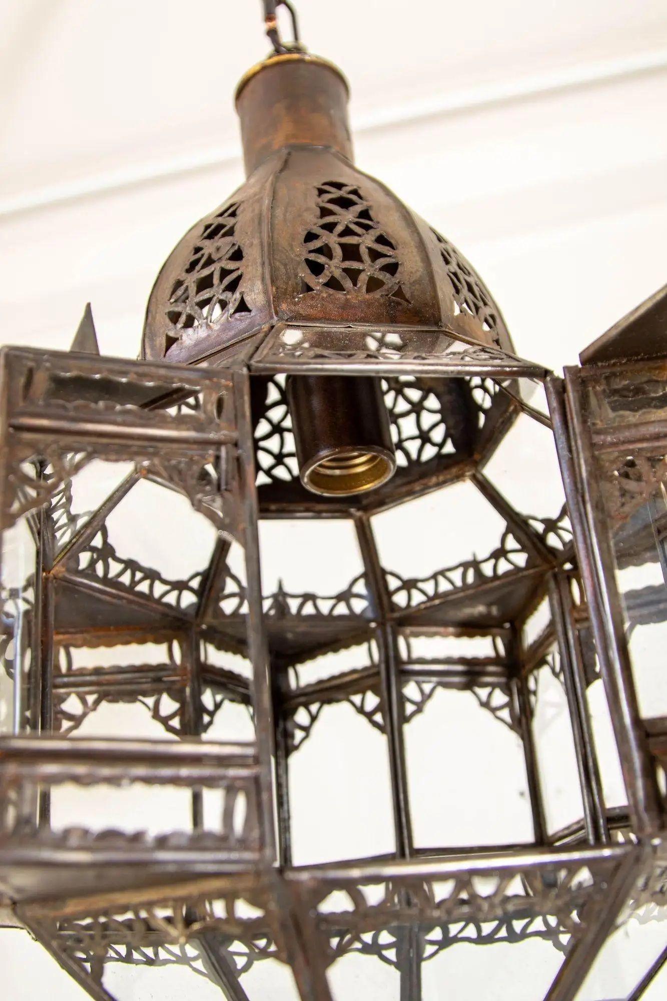 Hand-Crafted Moroccan Hanging Glass Lantern in Moorish Star Shape For Sale