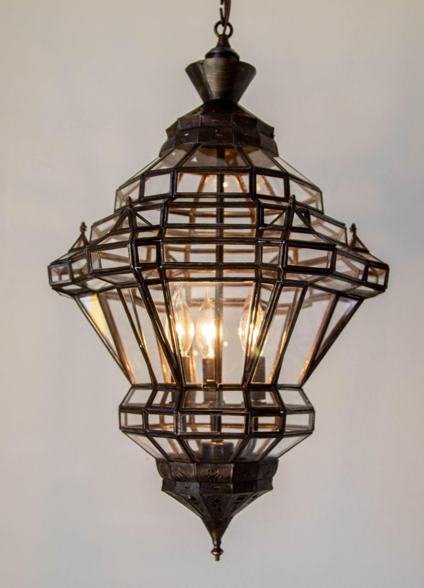 Vintage Moroccan Clear Glass Lantern Moorish Granada Spanish Style For Sale 7