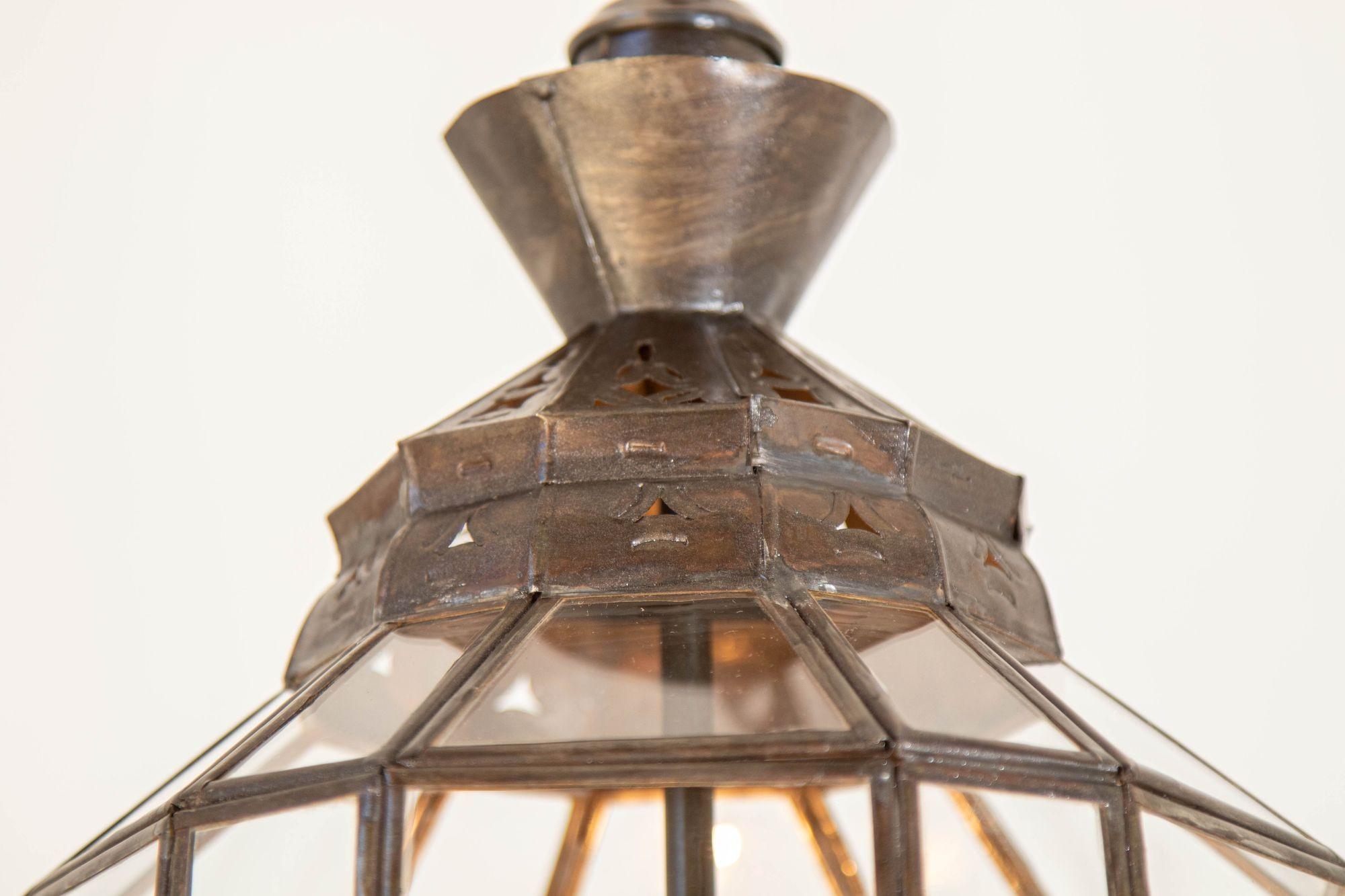 Hand-Crafted Vintage Moroccan Clear Glass Lantern Moorish Granada Spanish Style For Sale