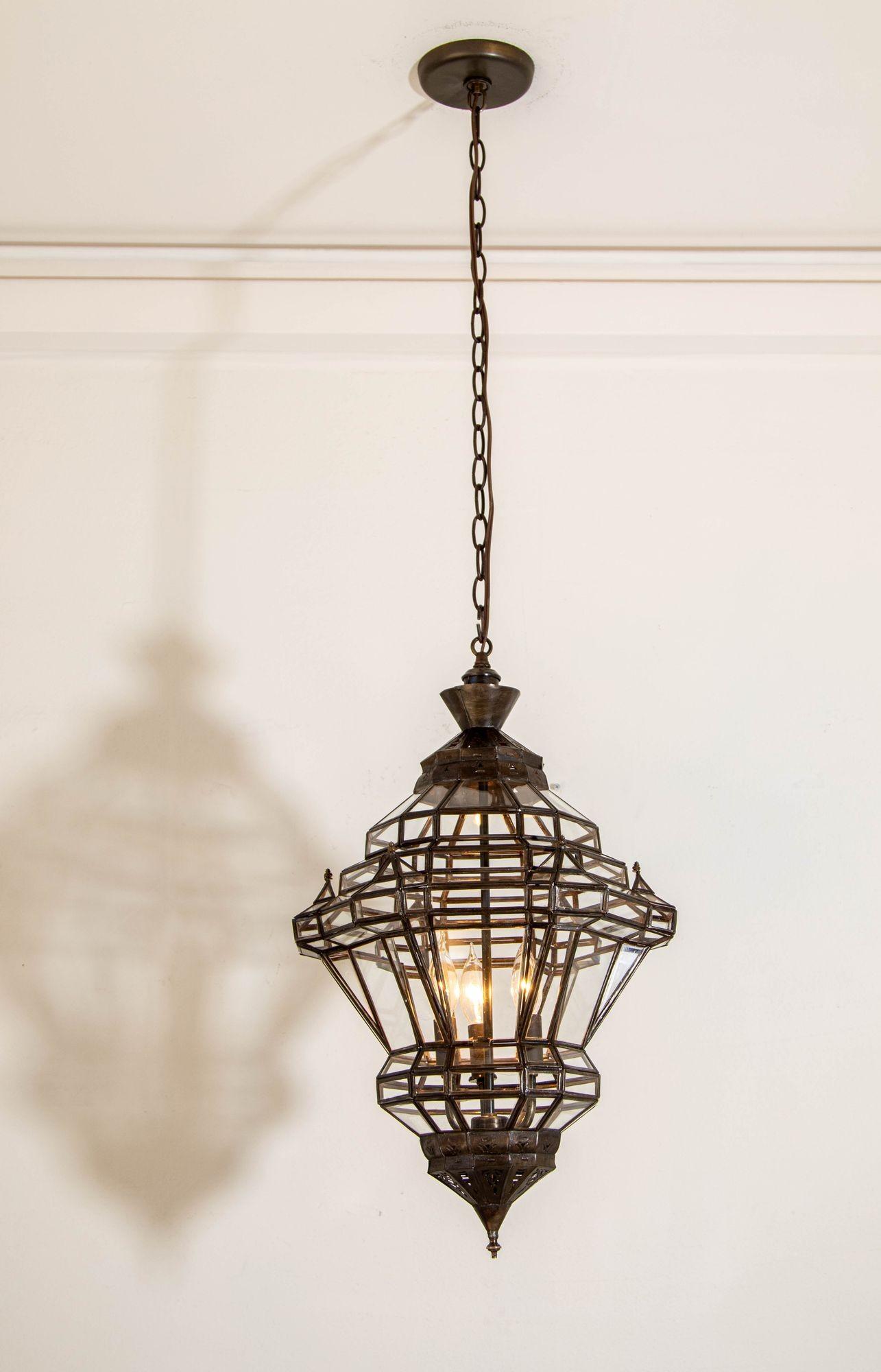Vintage Moroccan Clear Glass Lantern Moorish Granada Spanish Style In Good Condition For Sale In North Hollywood, CA