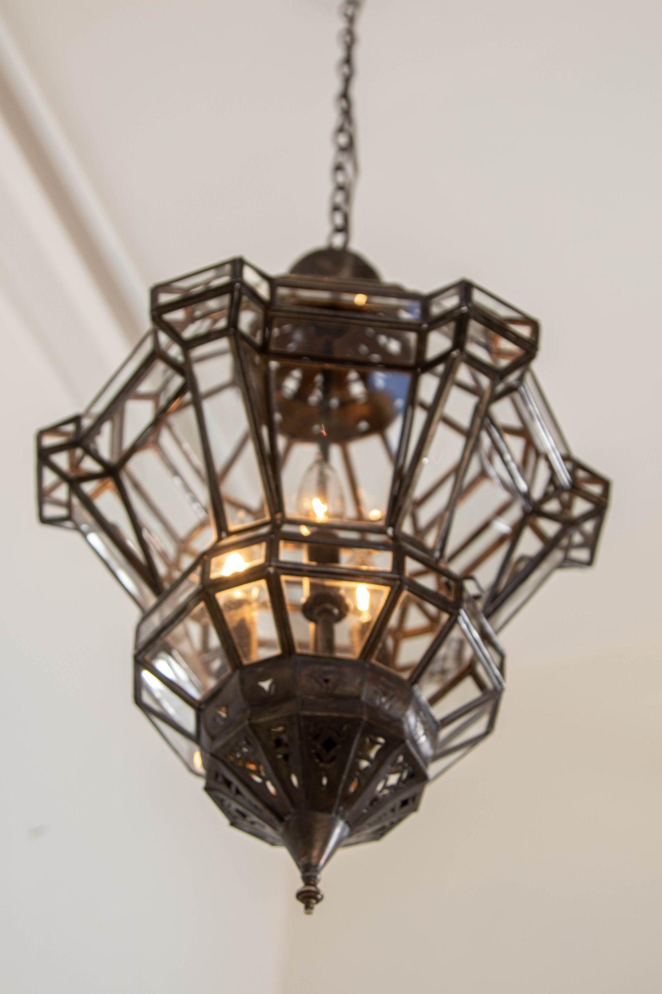 Metal Vintage Moroccan Clear Glass Lantern Moorish Granada Spanish Style For Sale