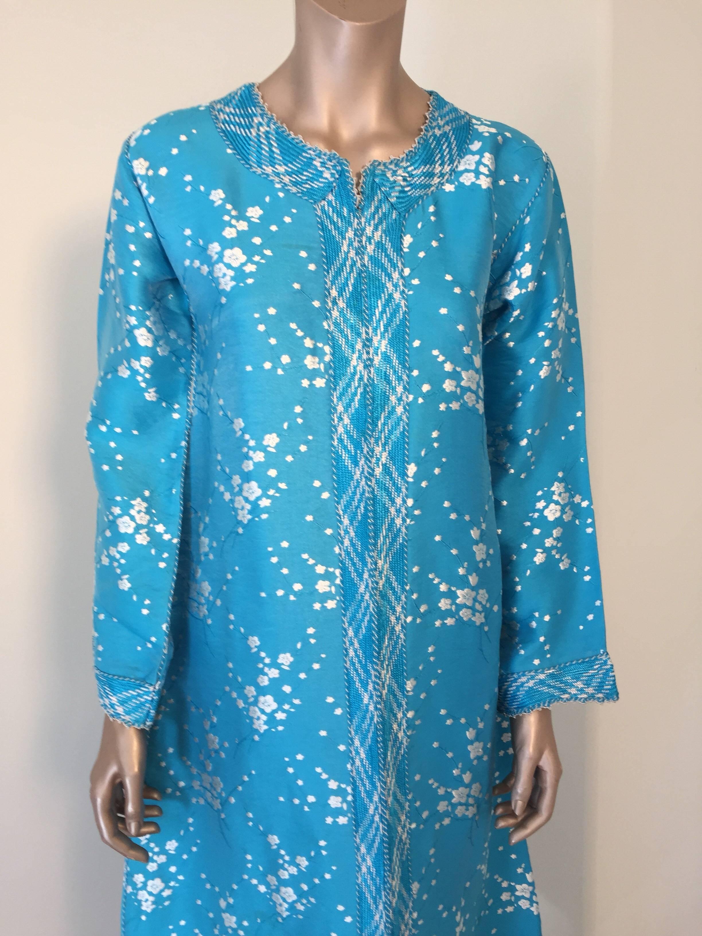 Moorish Vintage Moroccan Designer Kaftan Turquoise Maxi Dress Kaftan Small For Sale