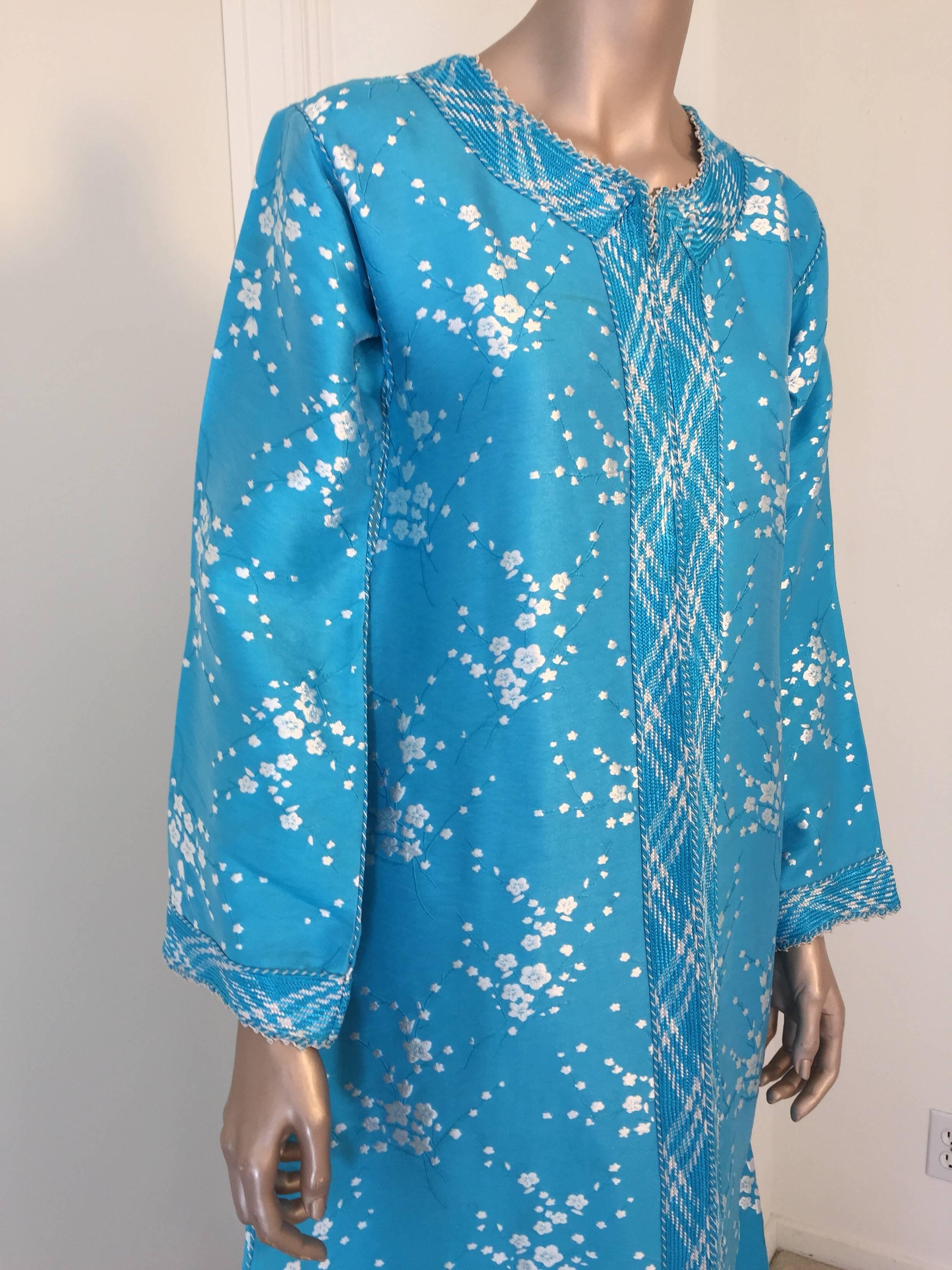 20th Century Vintage Moroccan Designer Kaftan Turquoise Maxi Dress Kaftan Small For Sale