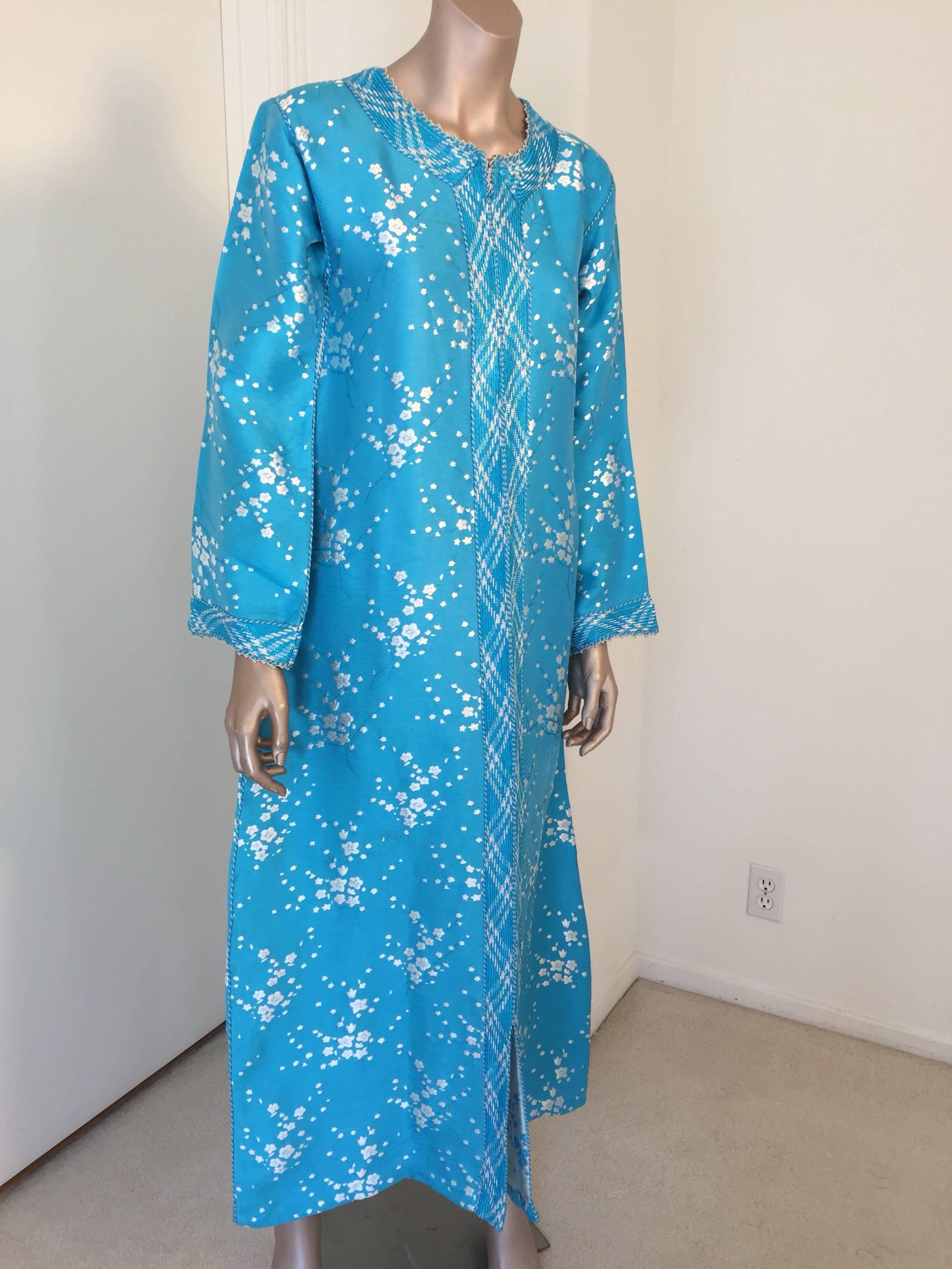 Bleu Vintage Moroccan Designer Kaftan Turquoise Maxi Dress Kaftan Small en vente
