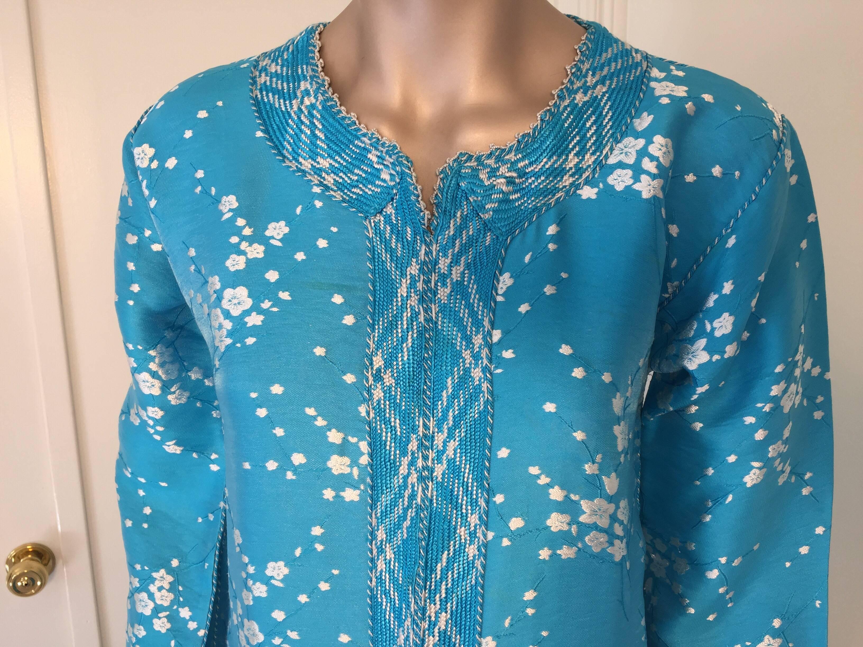 Blue Vintage Moroccan Designer Kaftan Turquoise Maxi Dress Kaftan Small For Sale