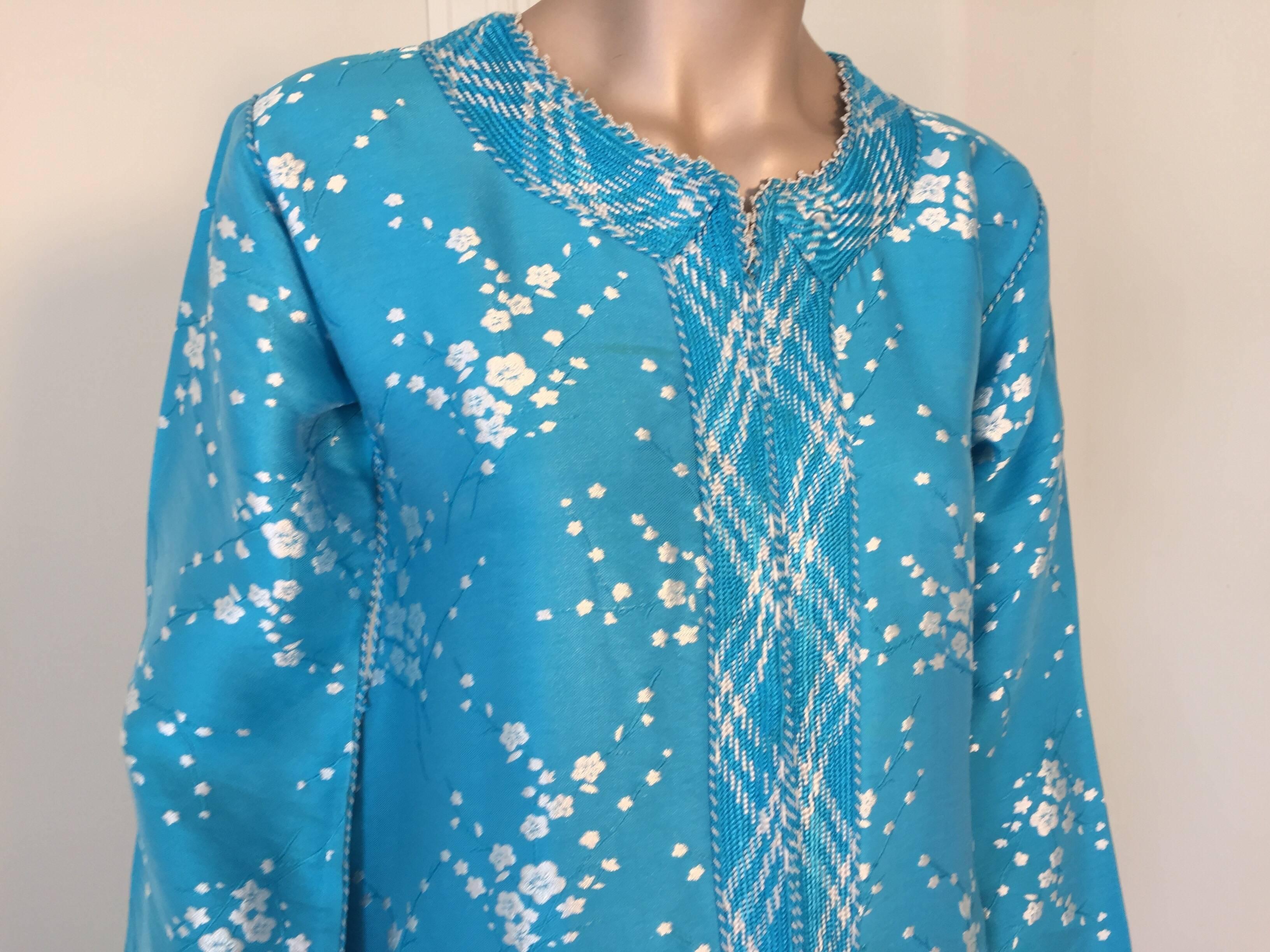 Vintage Moroccan Designer Kaftan Turquoise Maxi Dress Kaftan Small In Good Condition For Sale In North Hollywood, CA