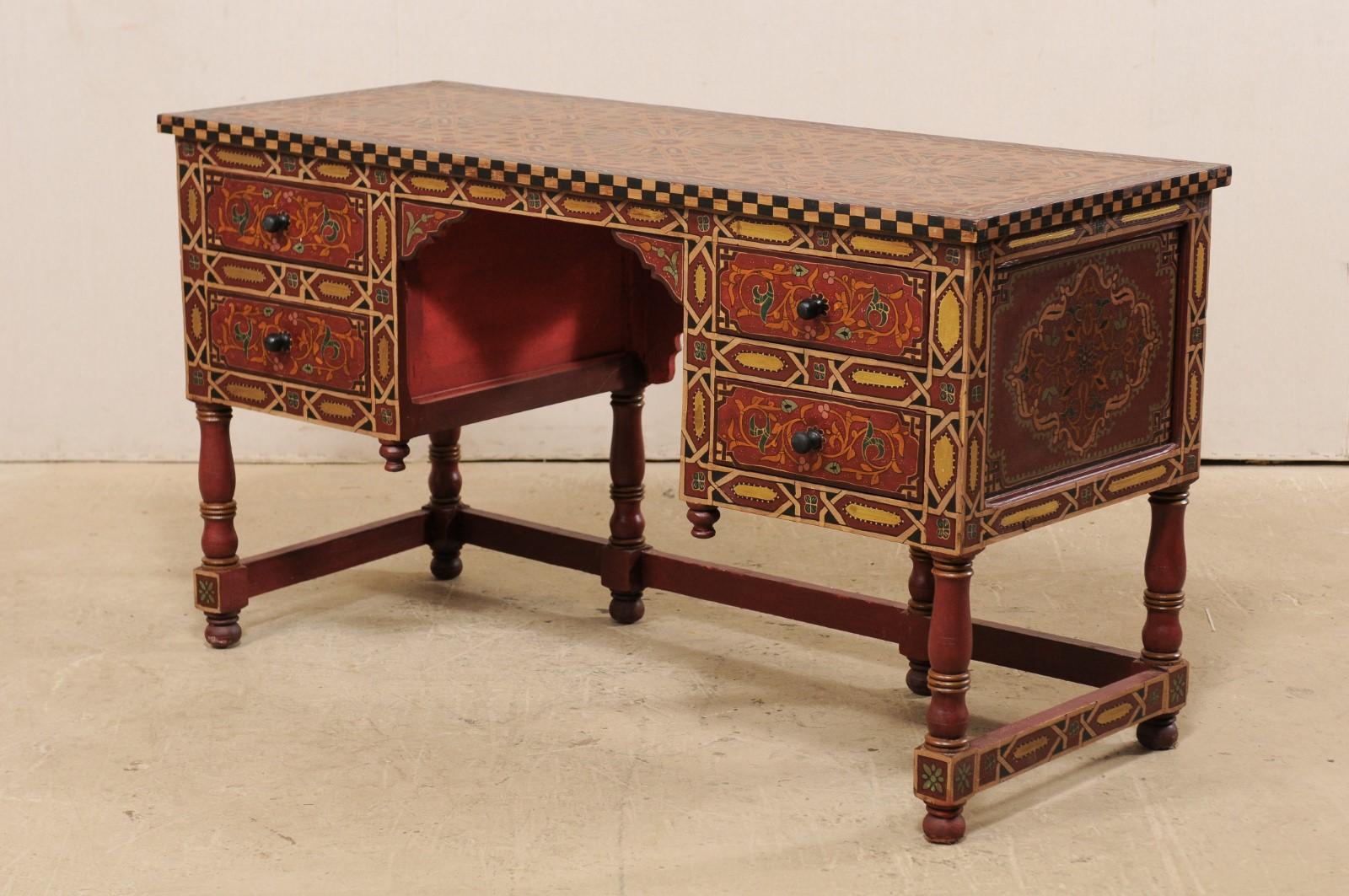 Vintage Moroccan Desk with Drawers, Beautifully Painted with Arched Front Apron 2