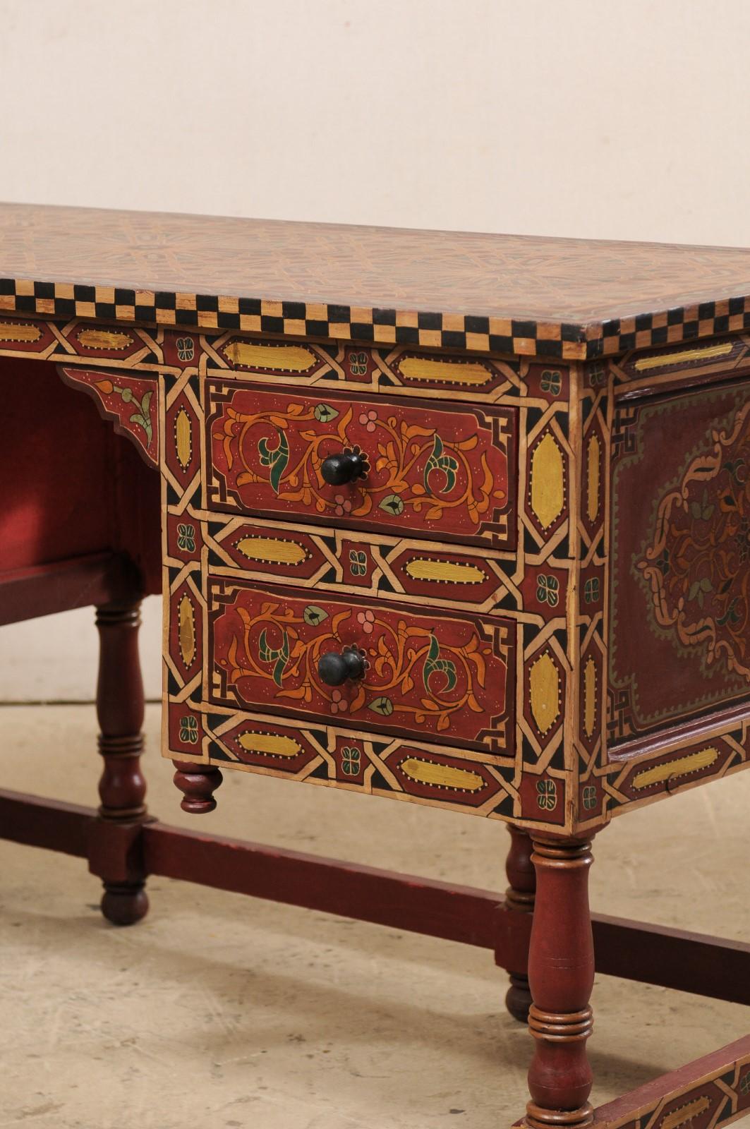 Vintage Moroccan Desk with Drawers, Beautifully Painted with Arched Front Apron 3