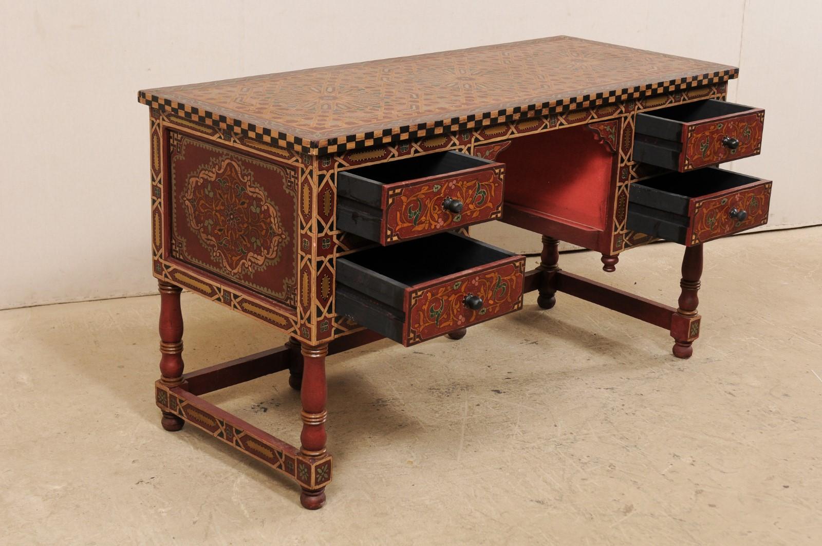 Vintage Moroccan Desk with Drawers, Beautifully Painted with Arched Front Apron In Good Condition In Atlanta, GA