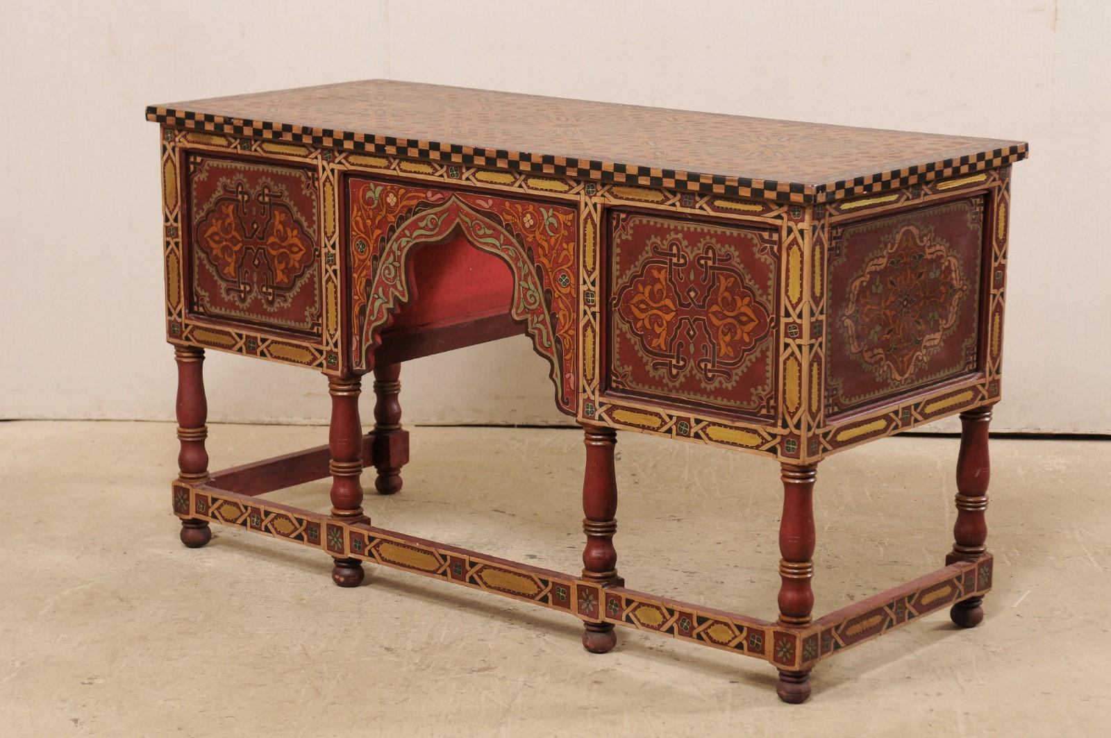 Wood Vintage Moroccan Desk with Drawers, Beautifully Painted with Arched Front Apron