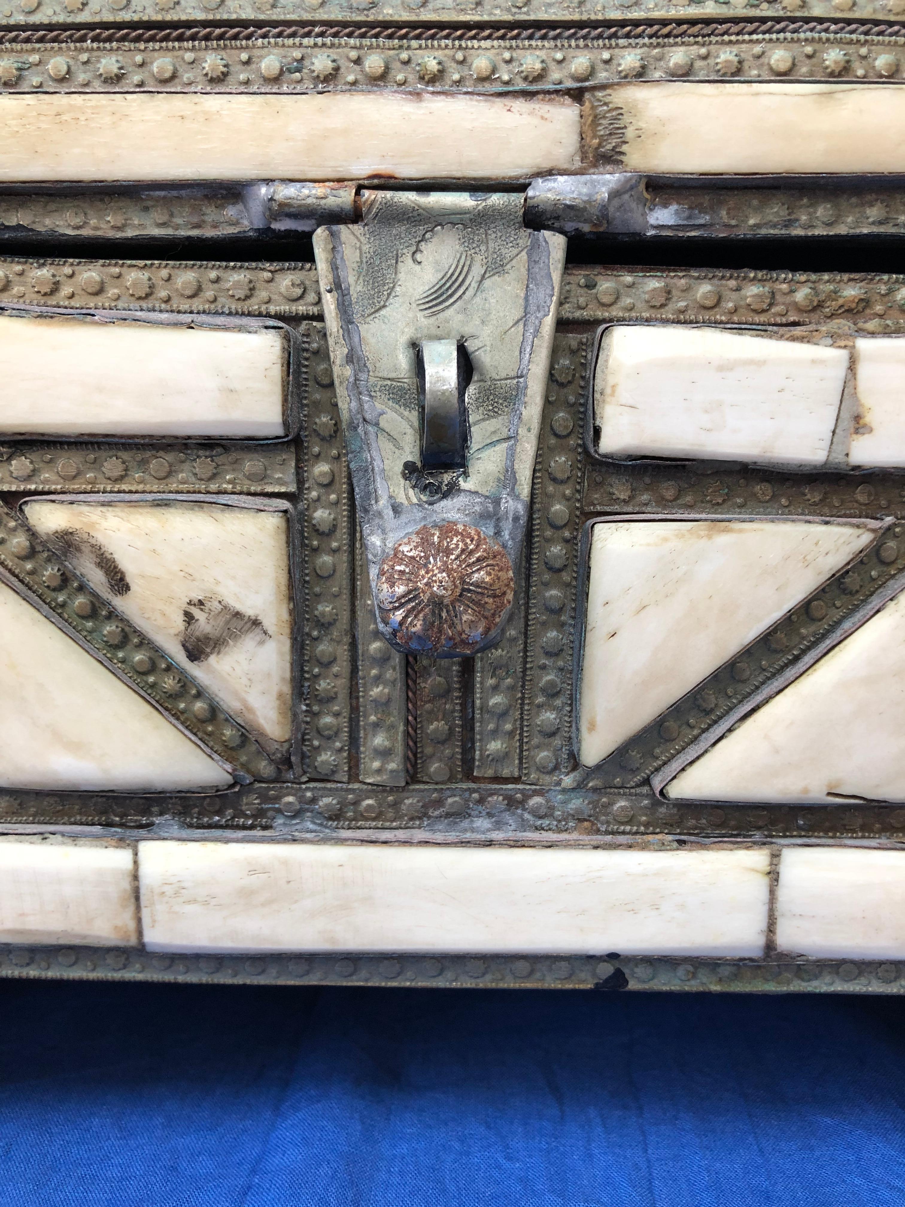 Mid 20th Century Small Moroccan Jewelry Chest - Repurposed Bone, Copper, Leather In Fair Condition For Sale In Vineyard Haven, MA