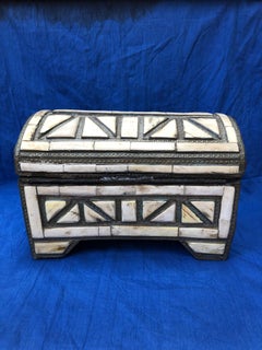 Mid 20th Century Small Moroccan Jewelry Chest - Repurposed Bone, Copper, Leather