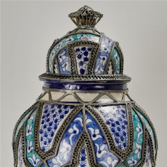 Vintage Moroccan Earthenware and Metal Lidded Urn