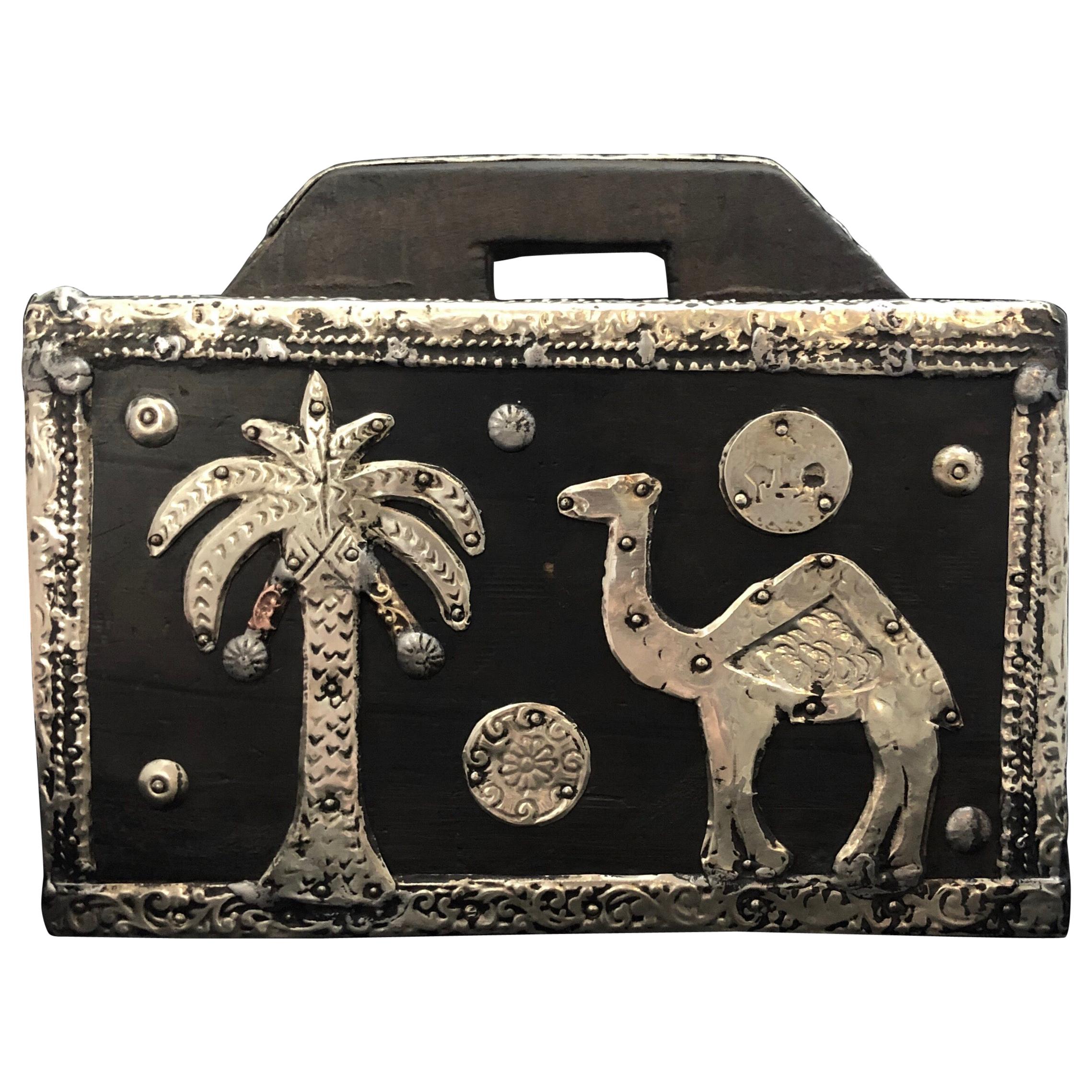 Vintage Moroccan Salt Cedar Storage Box, Silver Camel, Coins, Sahara Desert Boho For Sale