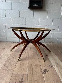 Vintage Moroccan Engraved Brass Tray Table on Teak Folding Spider Base