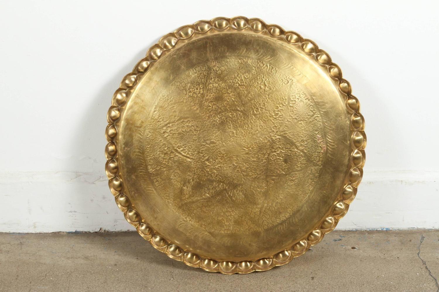 Hand-Carved Vintage Moroccan Etched Brass Round Tray Table For Sale