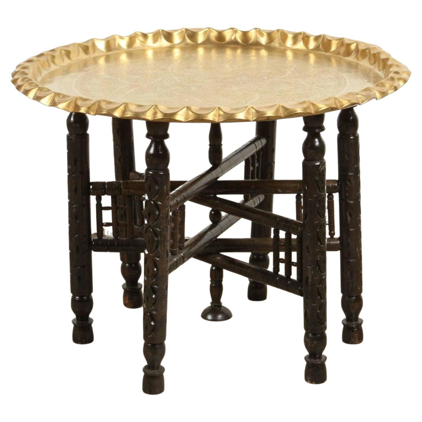 Vintage Moroccan Etched Brass Round Tray Table For Sale