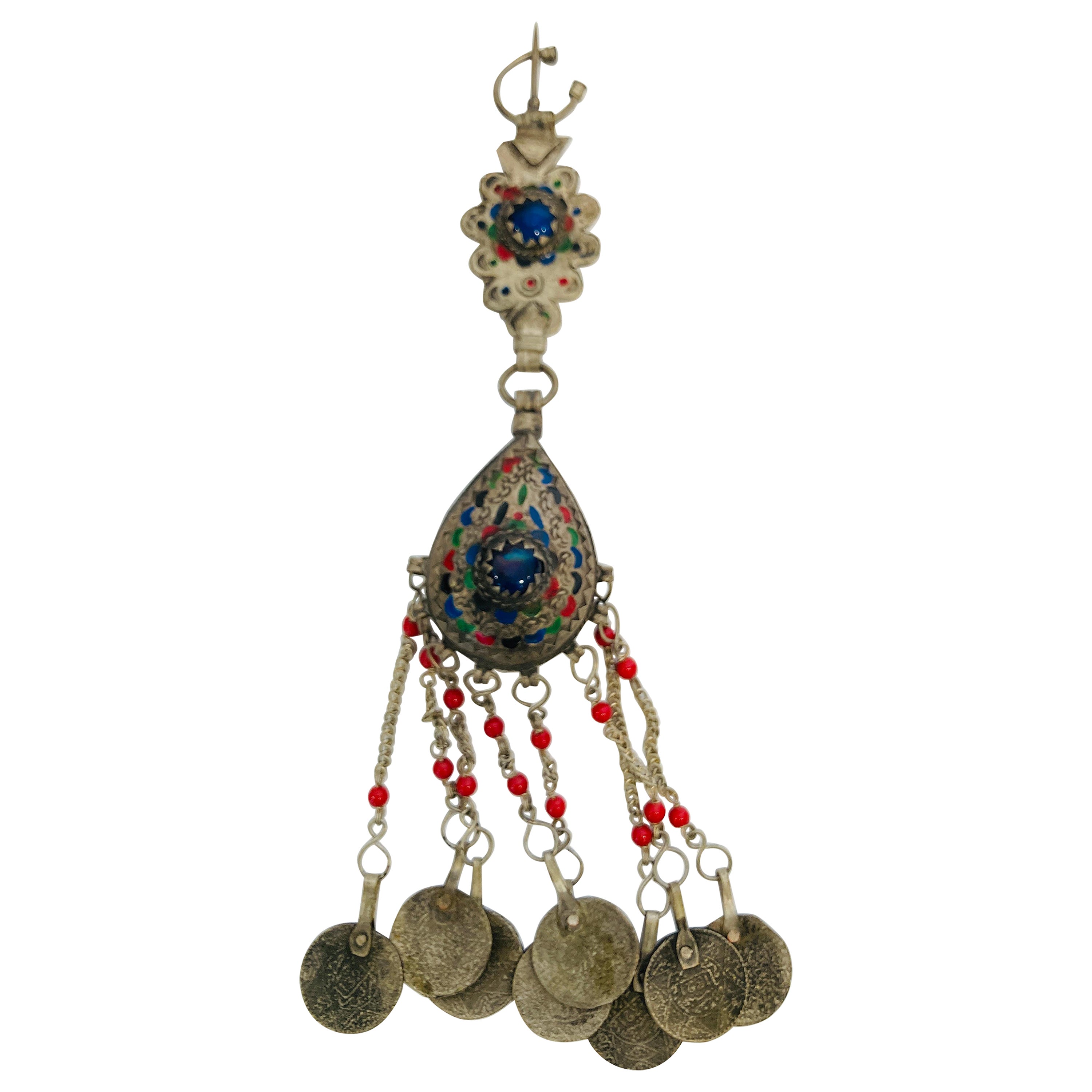 Broche vintage marocaine ethnique en forme de fibula avec pièces de monnaie