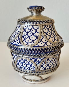 Vintage Moroccan Fez Pottery Lidded Jobbana Jar with Silver Filigree circa 1980