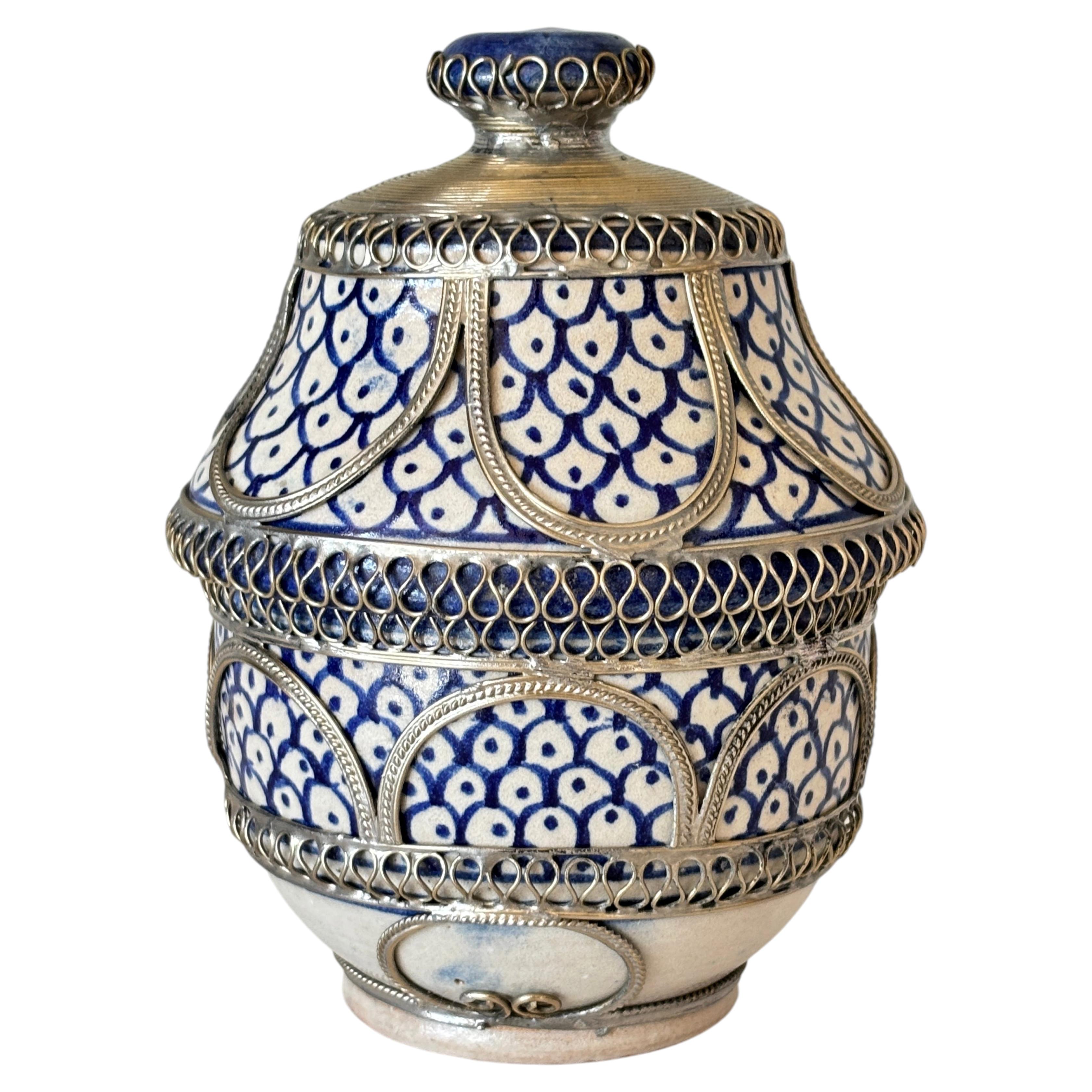 Vintage Moroccan Fez Pottery Lidded Jobbana Jar with Silver Filigree circa 1980