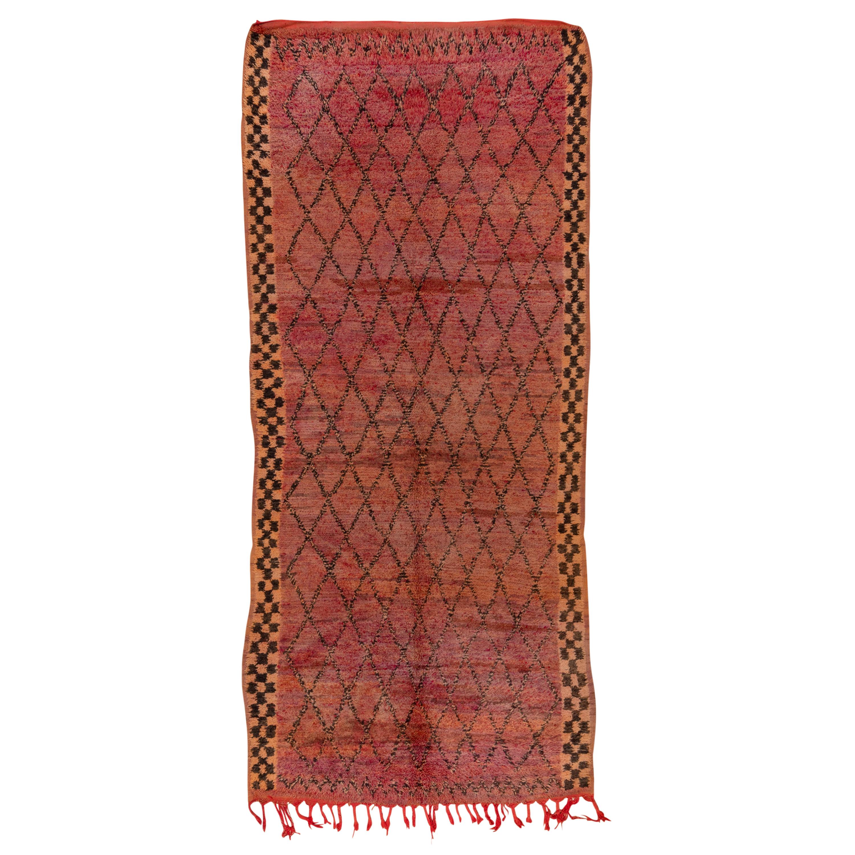 Vintage Moroccan Gallery Carpet, circa 1940s, Purple Field, Plaid Borders