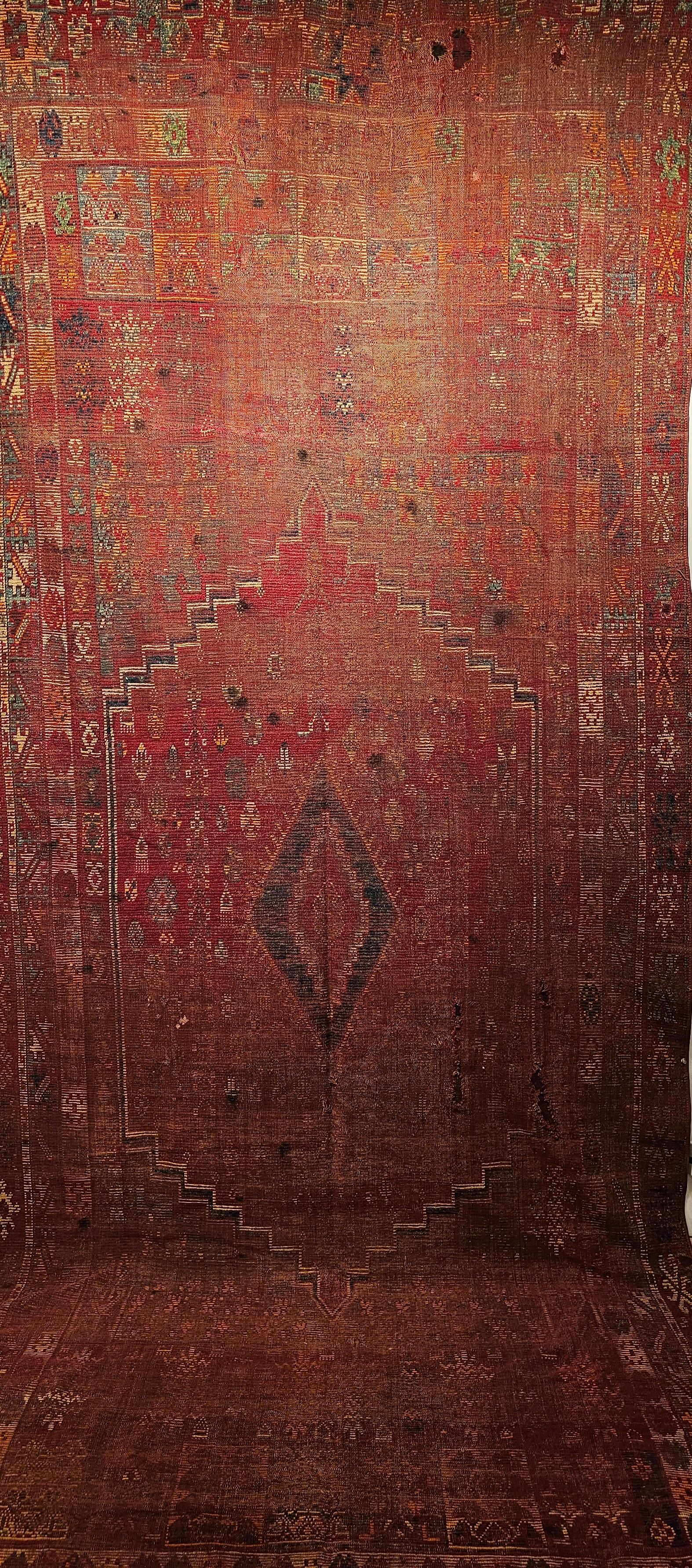 Vegetable Dyed 19th Century Moroccan Rabat Rug in Red, Turquoise, Yellow, Ivory, Green, Brown For Sale