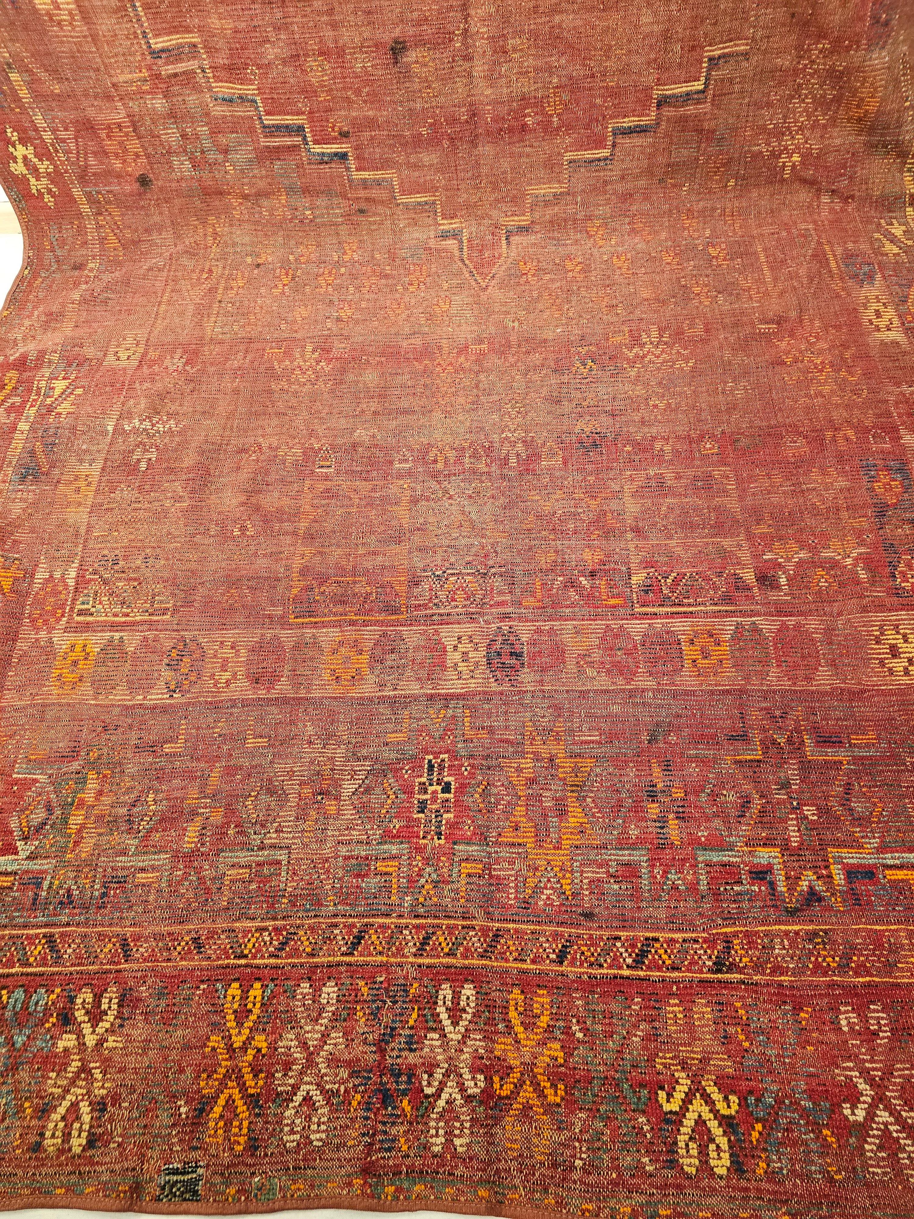 Wool 19th Century Moroccan Rabat Rug in Red, Turquoise, Yellow, Ivory, Green, Brown For Sale