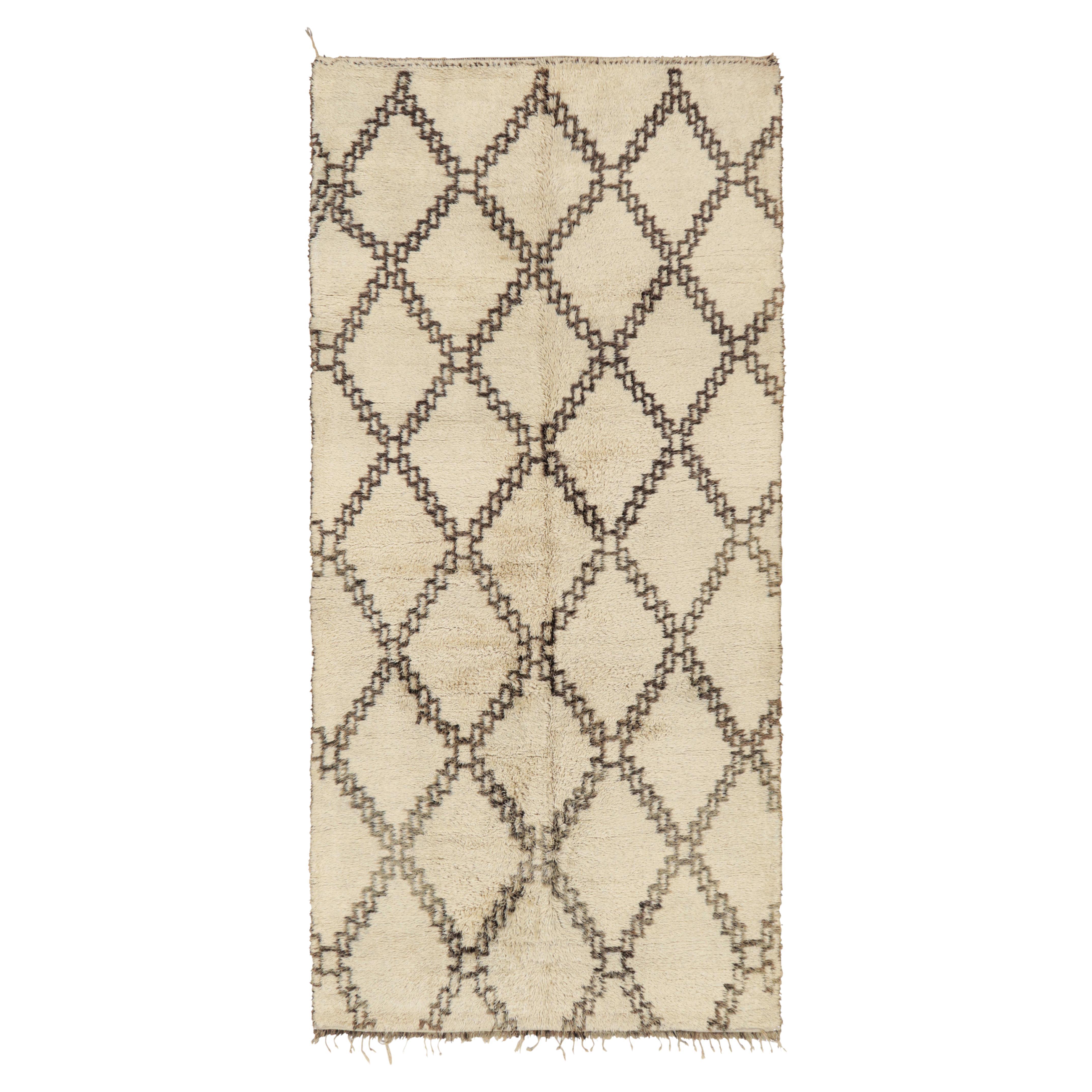 Vintage Moroccan Gallery Runner Rug in Cream with Brown Lozenges  Rug & Kilim For Sale