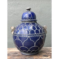 Vintage Moroccan Glazed Ceramic Lidded Urn