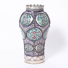 Vintage Moroccan Glazed Earthenware and Metal Vase