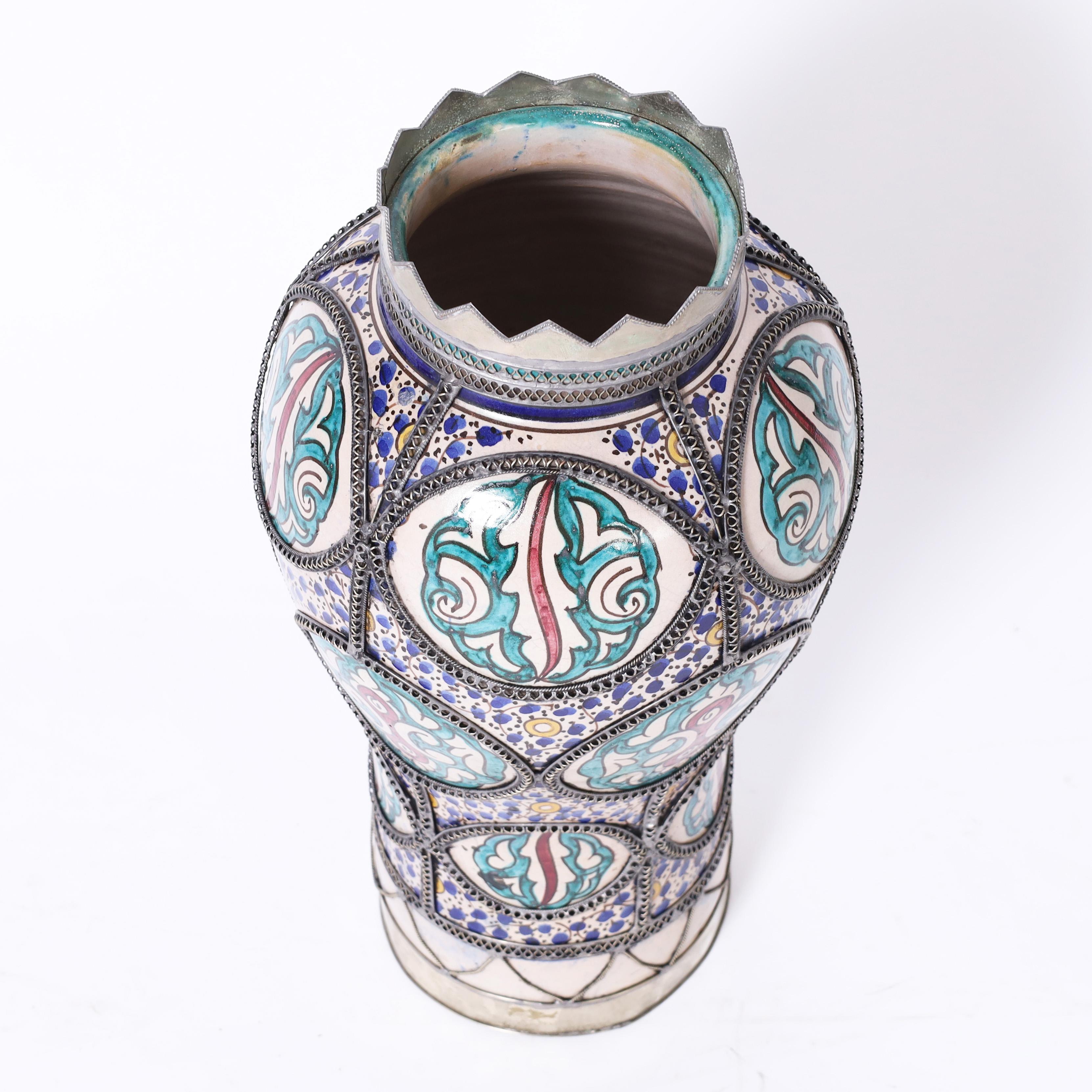 Moorish Vintage Moroccan Glazed Earthenware and Metal Vase For Sale