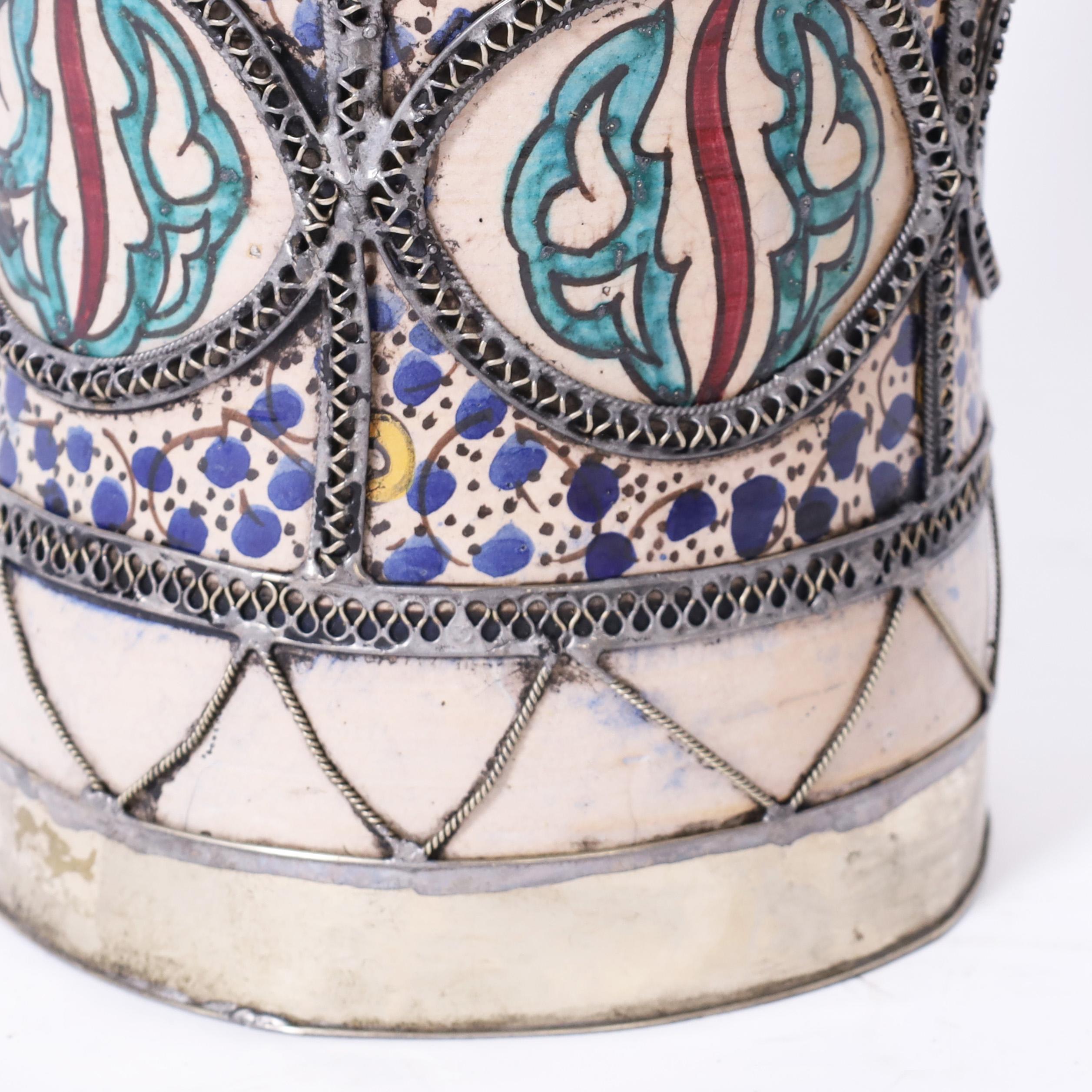 20th Century Vintage Moroccan Glazed Earthenware and Metal Vase For Sale