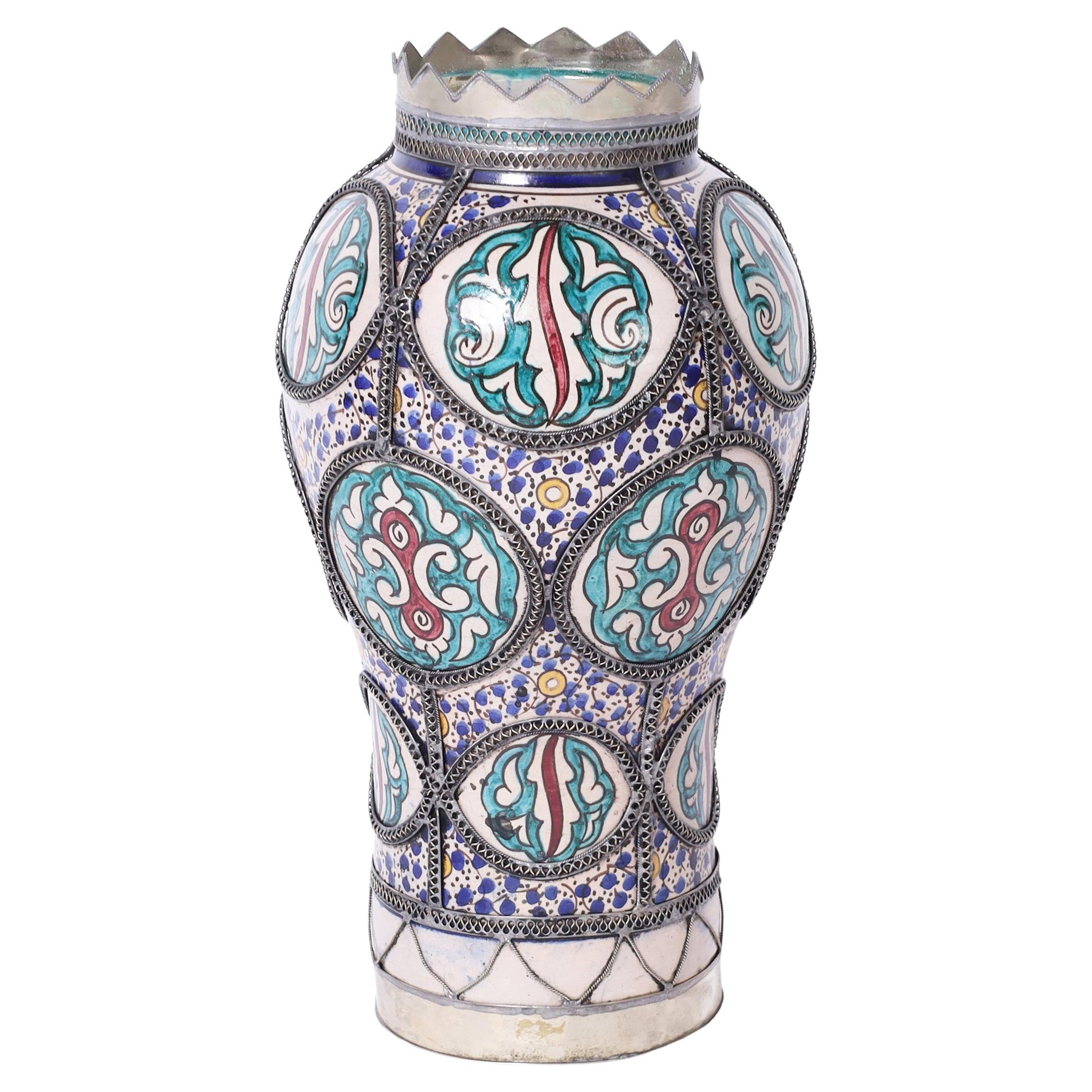 Vintage Moroccan Glazed Earthenware and Metal Vase For Sale