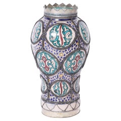 Vintage Moroccan Glazed Earthenware and Metal Vase