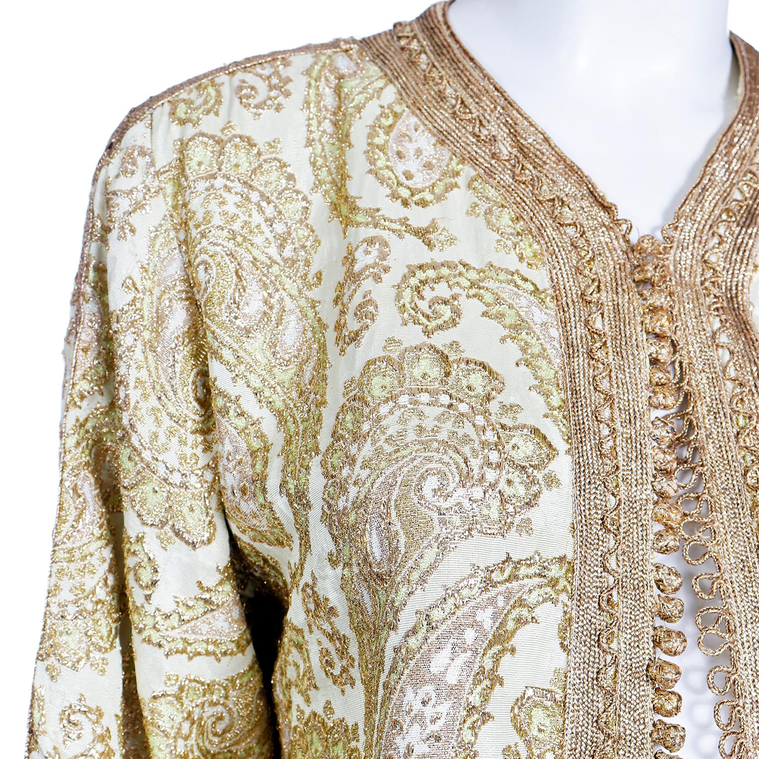 Vintage Moroccan Gold Metallic Paisley Short Caftan For Sale 1