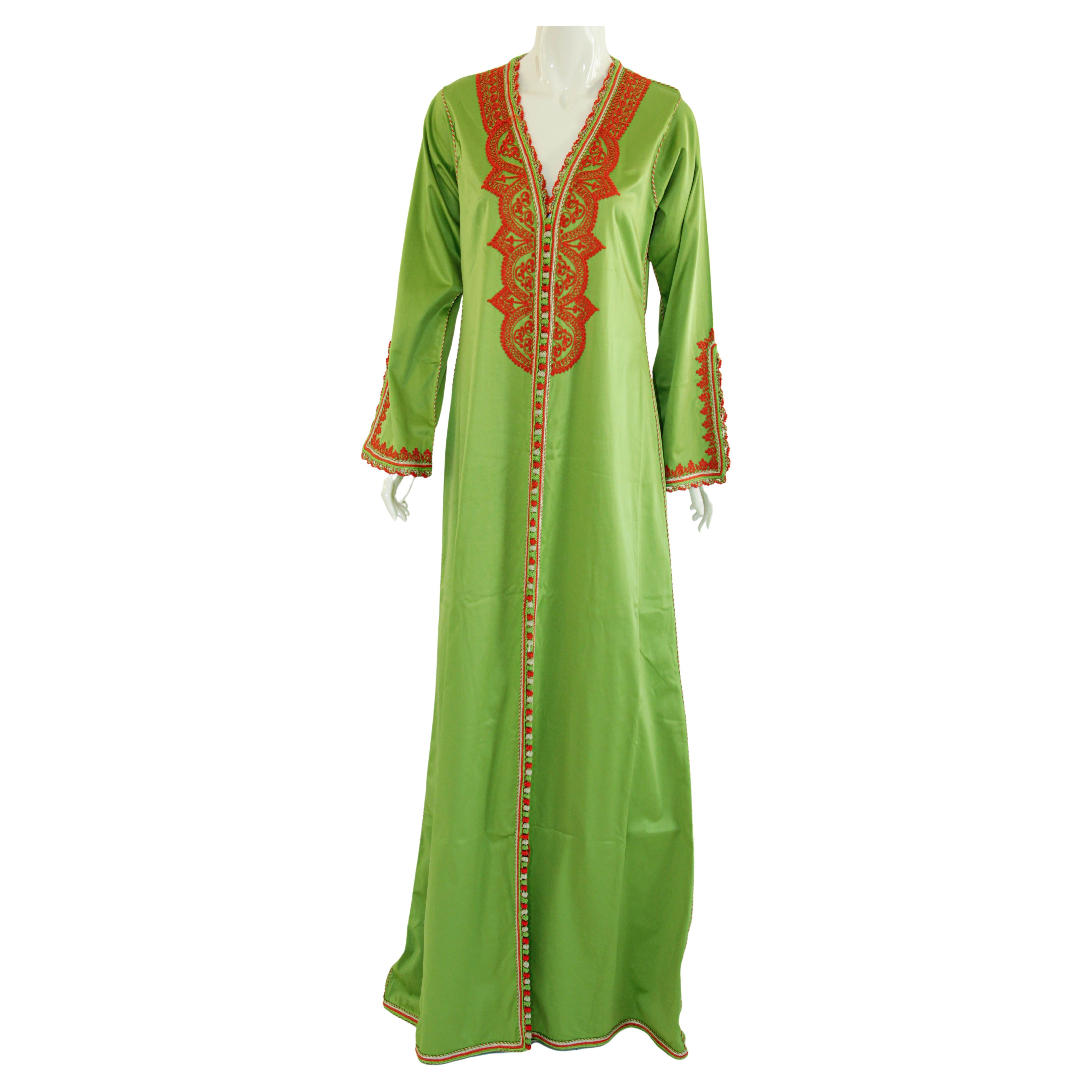 Vintage Moroccan Green Kaftan with Orange Embroideries
