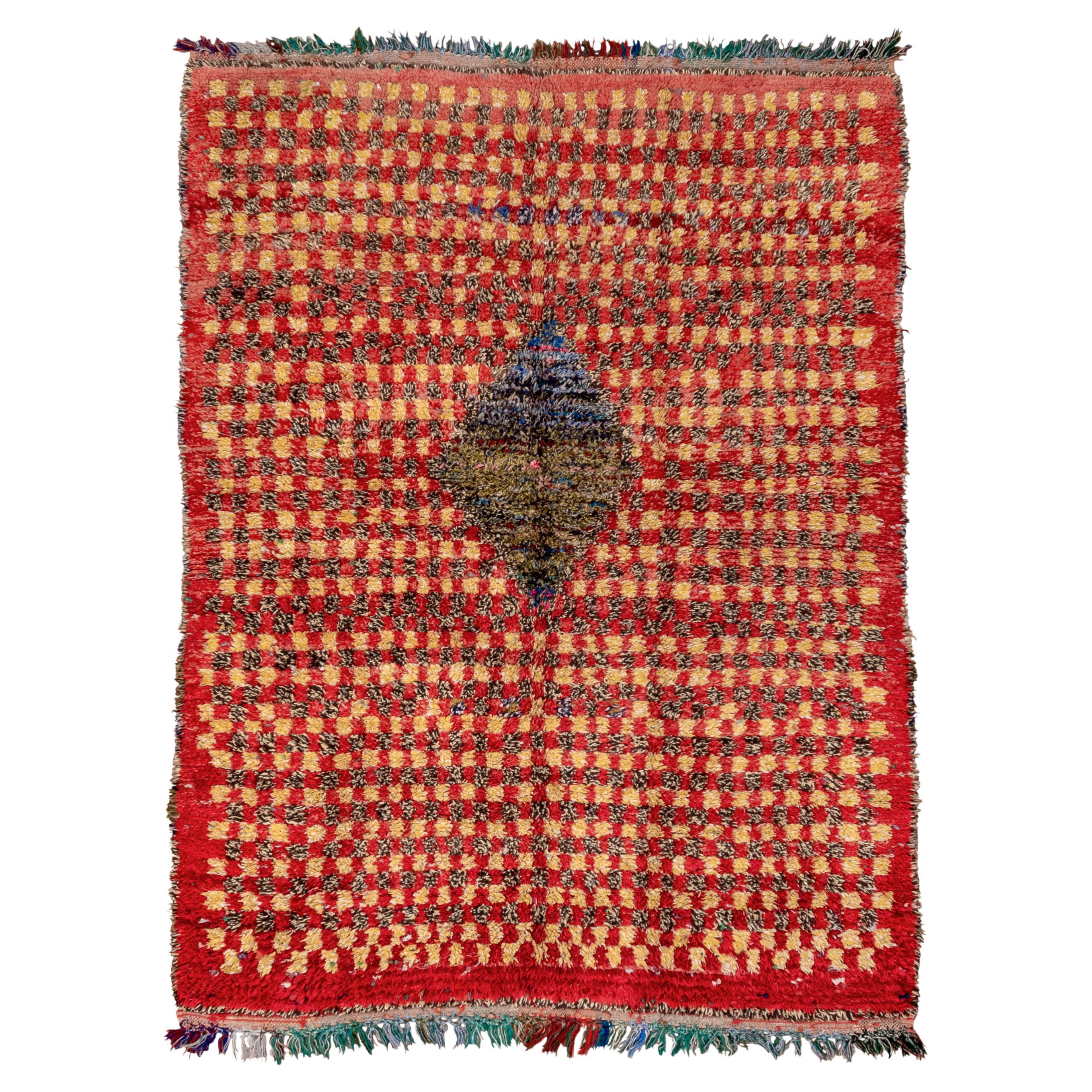 Vintage Moroccan Hand-Knotted Boucherouite Rug Central Diamond Motif